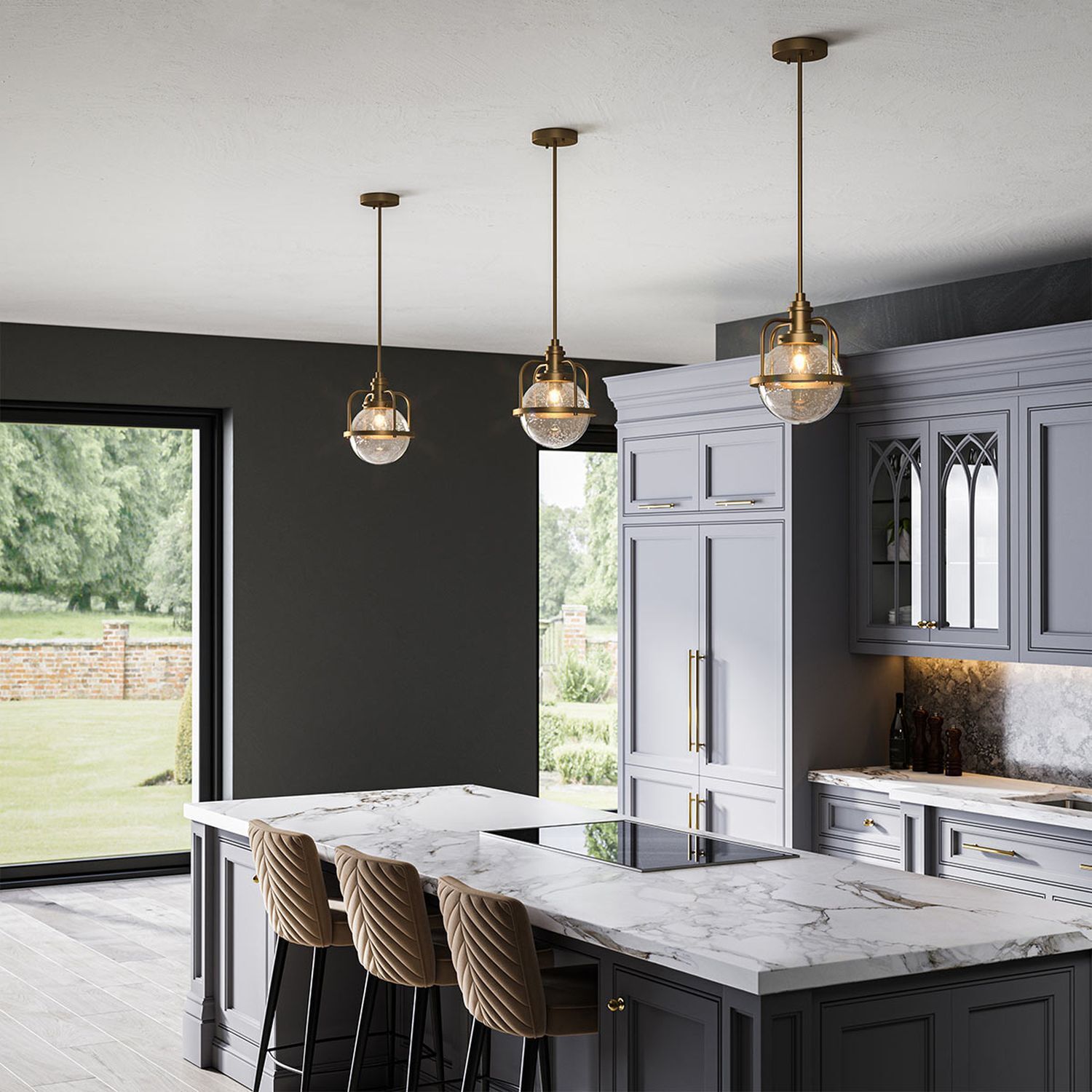 kücheninsel, marmor, grau, pendelleuchten, küchenkabinette