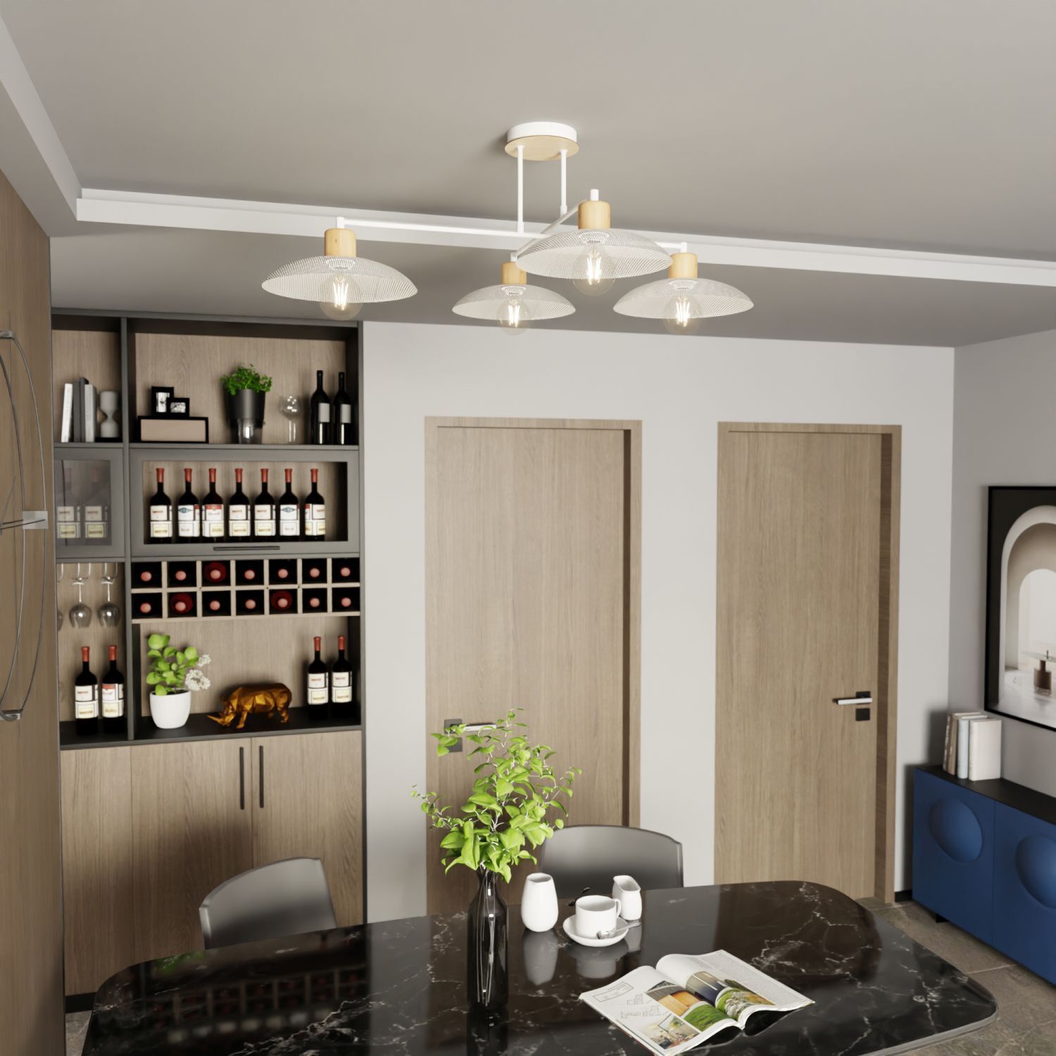 Plafonnier blanc imitation bois 100 cm grand métal E27 4-flamme Drinnen, Innenarchitektur, Mobiliar, Wohnzimmer, Zimmer