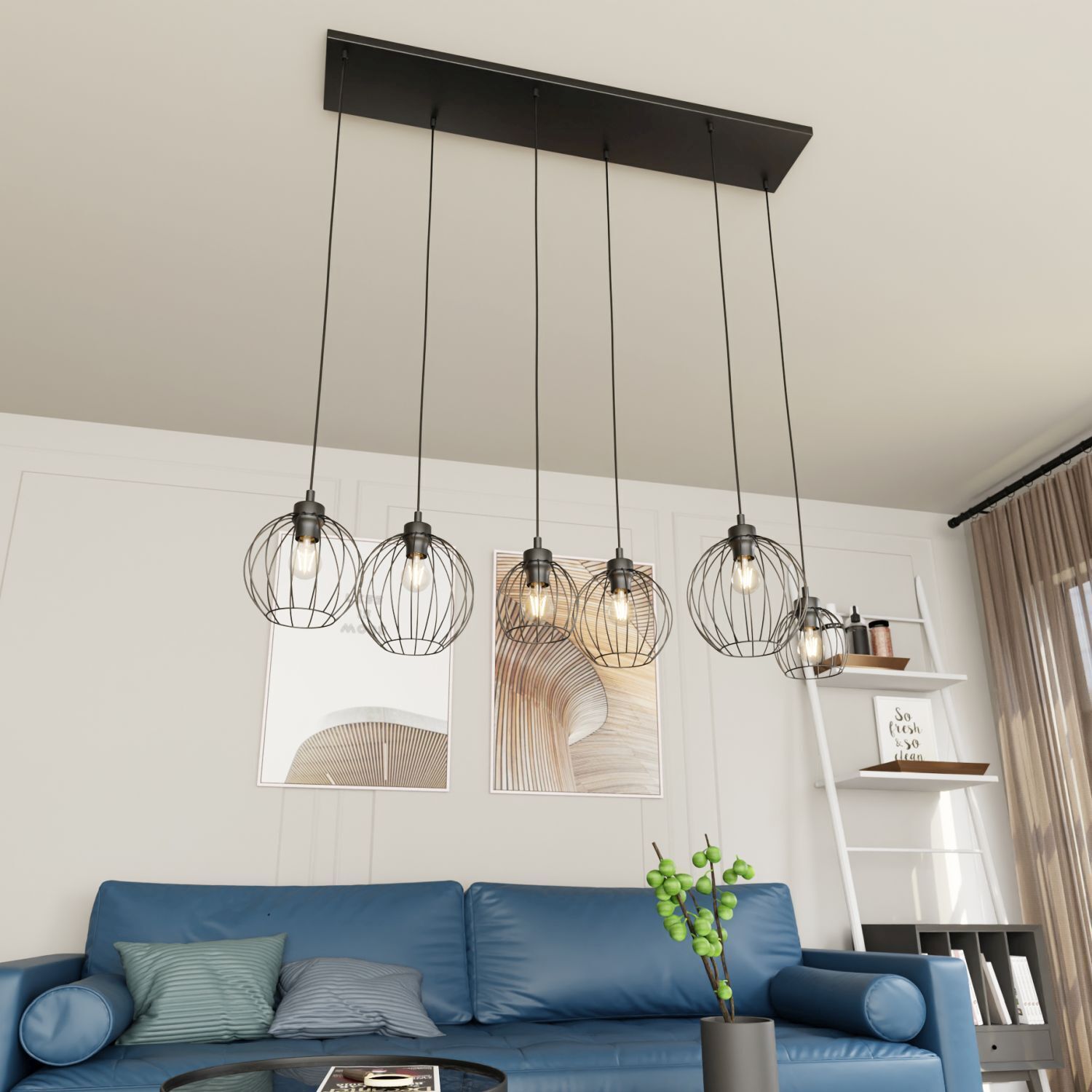Suspension noire E27 métal 6 flammes L:125 cm