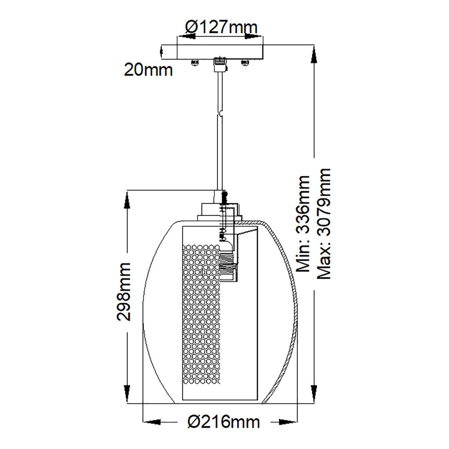 Lampe à suspendre verre métal Ø 21,6 cm H : max. 307,9 cm rond