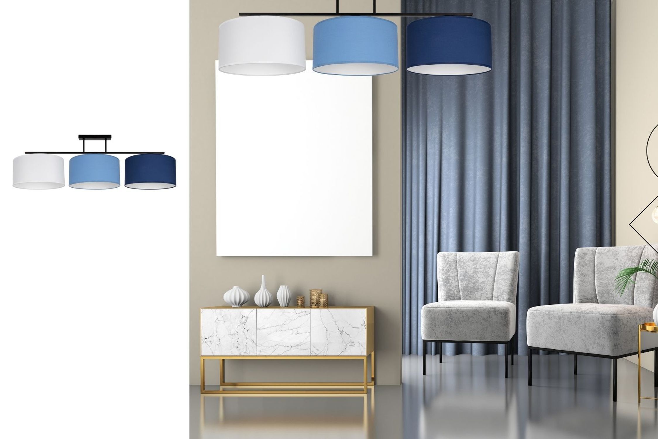 Plafonnier confortable Tissu Blanc Bleu E27 L:100 cm Drinnen, Innenarchitektur, Lampe