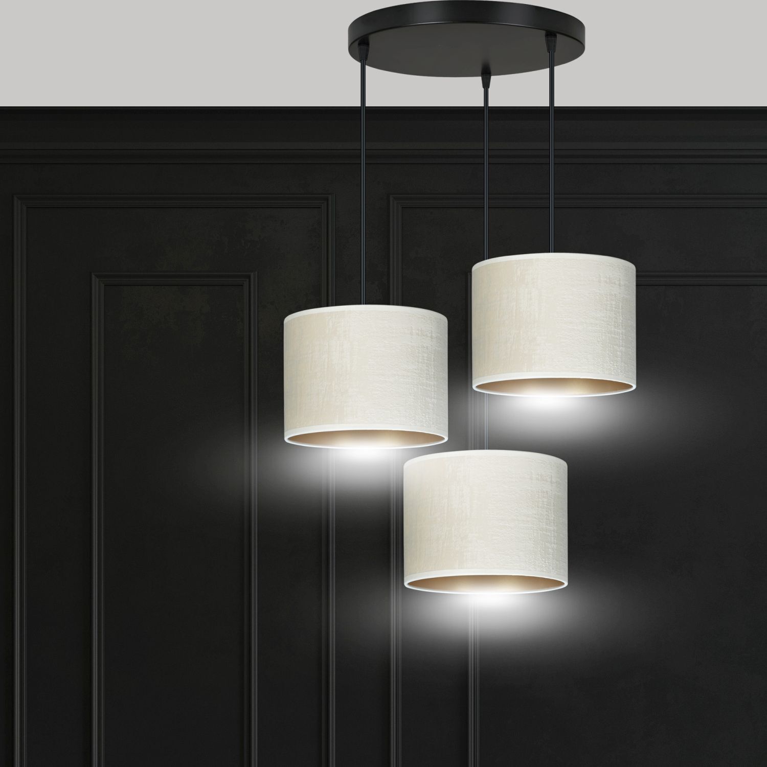 Suspension Blanc Or Noir Métal Tissu E27 3 flammes