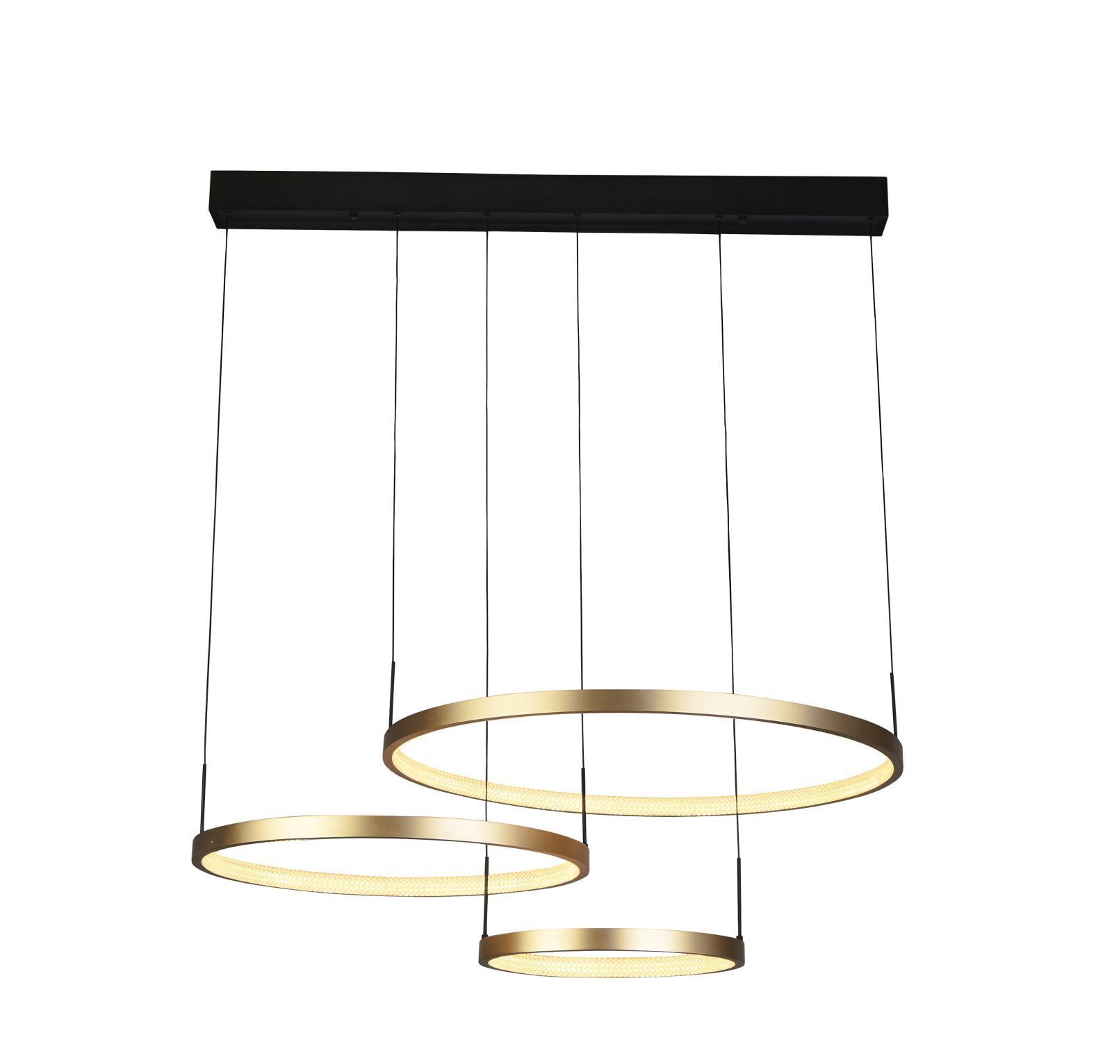 Longue lampe LED suspendue en noir anneaux d'or 112 cm