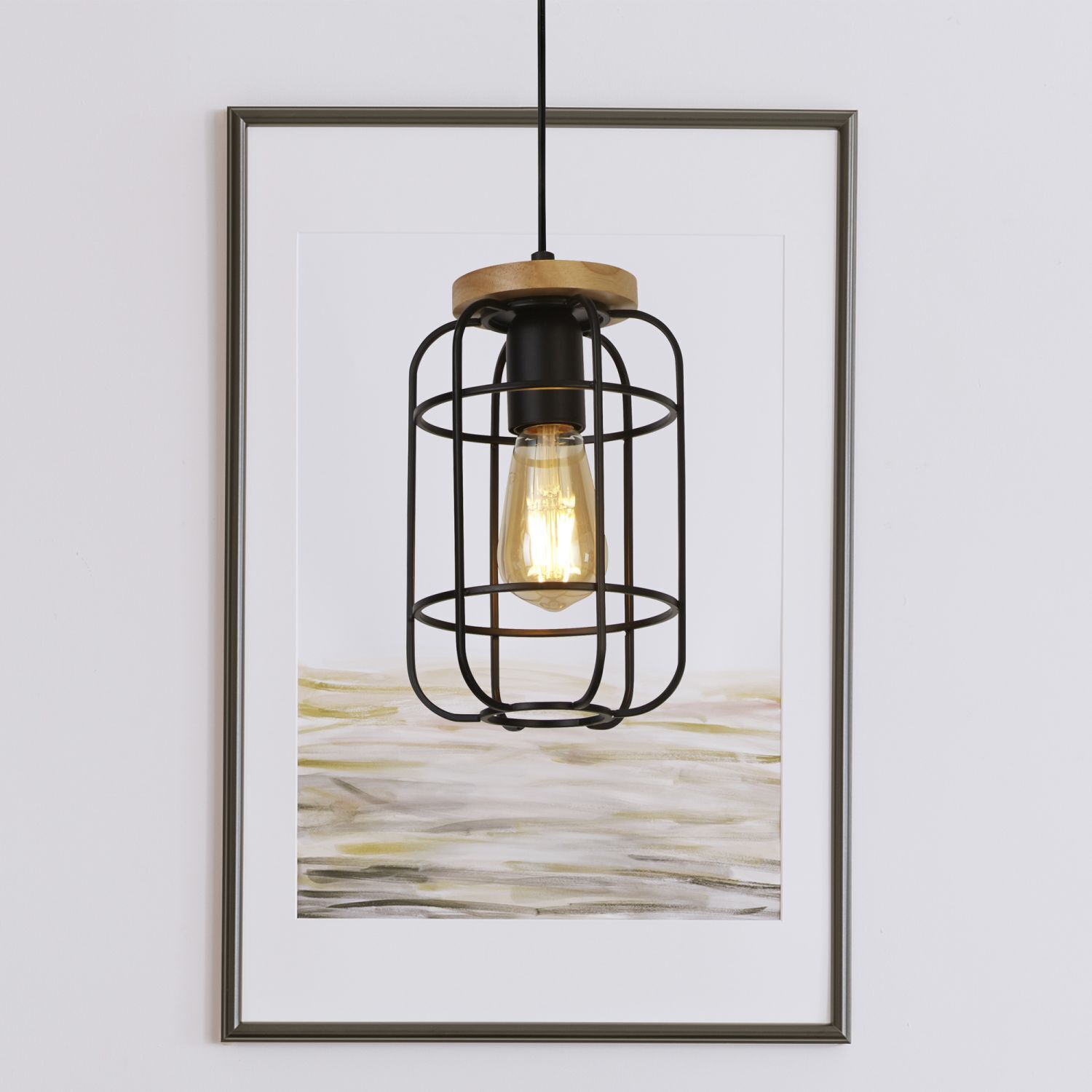 Lampe à suspendre métal bois Ø 15 cm noir naturel E27