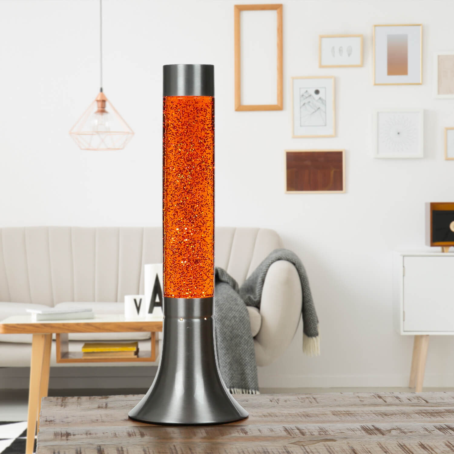 Lampe à lave rétro paillettes orange ronde Ø13cm YVONNE