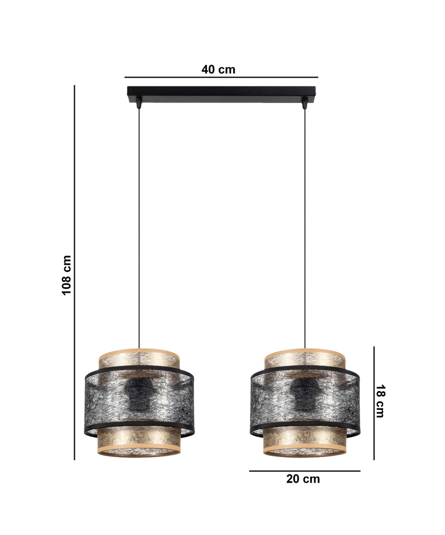 Suspension noir or 2 flammes E27 tissu anti-éblouissement