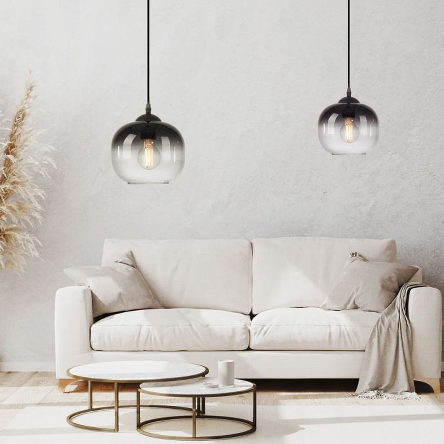 Lampe à suspendre Abat-jour en verre Gris fumé Noir E27 Ø19 cm rond