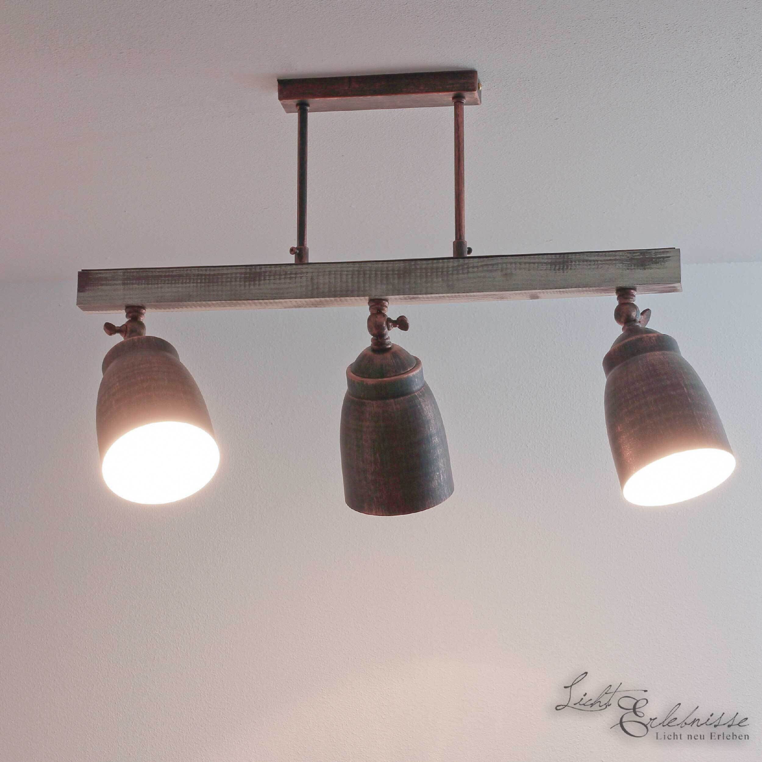 Spot de plafond 3 flammes E27 métal bois shabby Leuchte, Beleuchtung, Lampe
