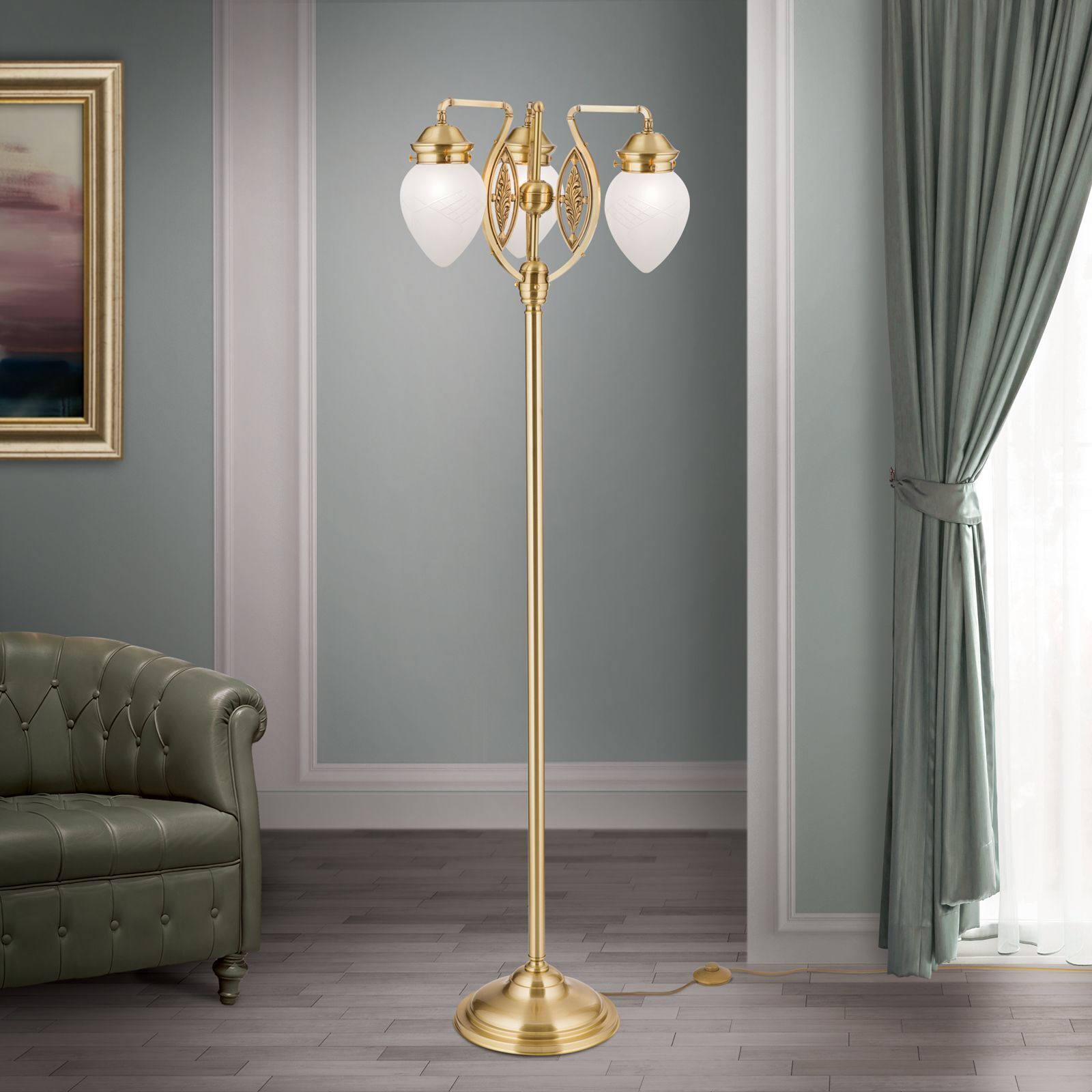 standlampa, fußbodelampe, goldene oberfläche, drei arme, globenlampen