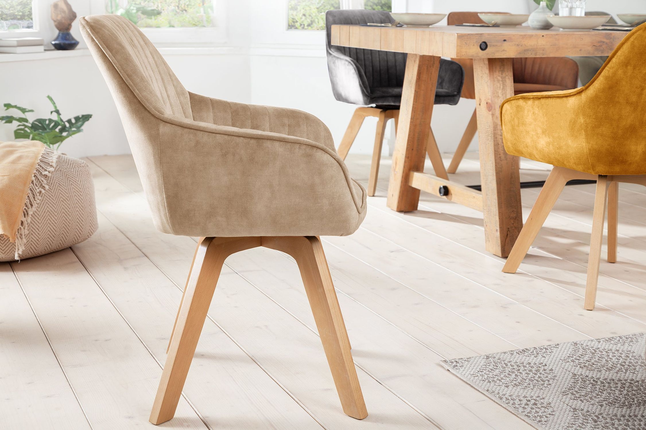 Chaise pivotante velours bois sans roulettes crème beige naturel Moebel, Stuhl, Holz, Drinnen, Innenarchitektur