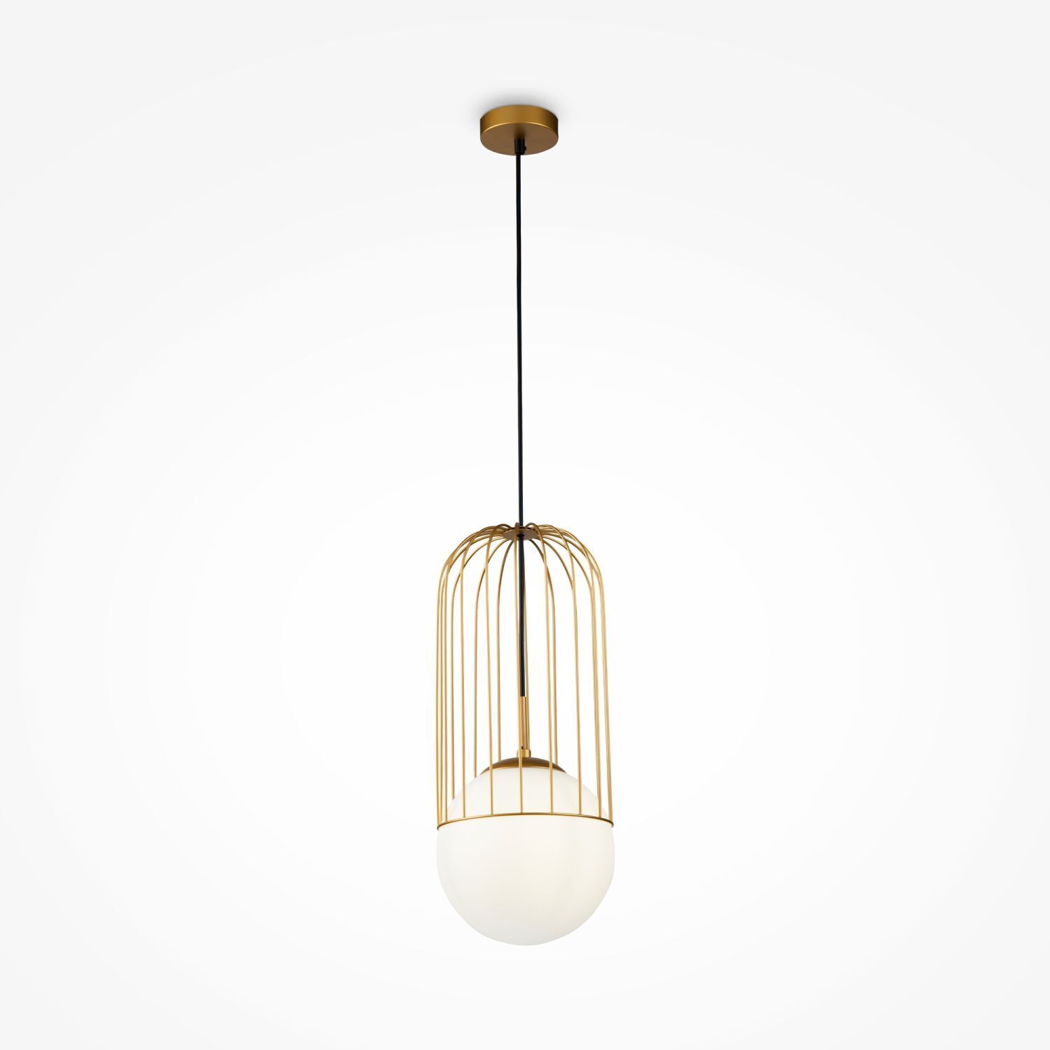 pendant light, gold cage, glass shade, hanging lamp, modern lighting