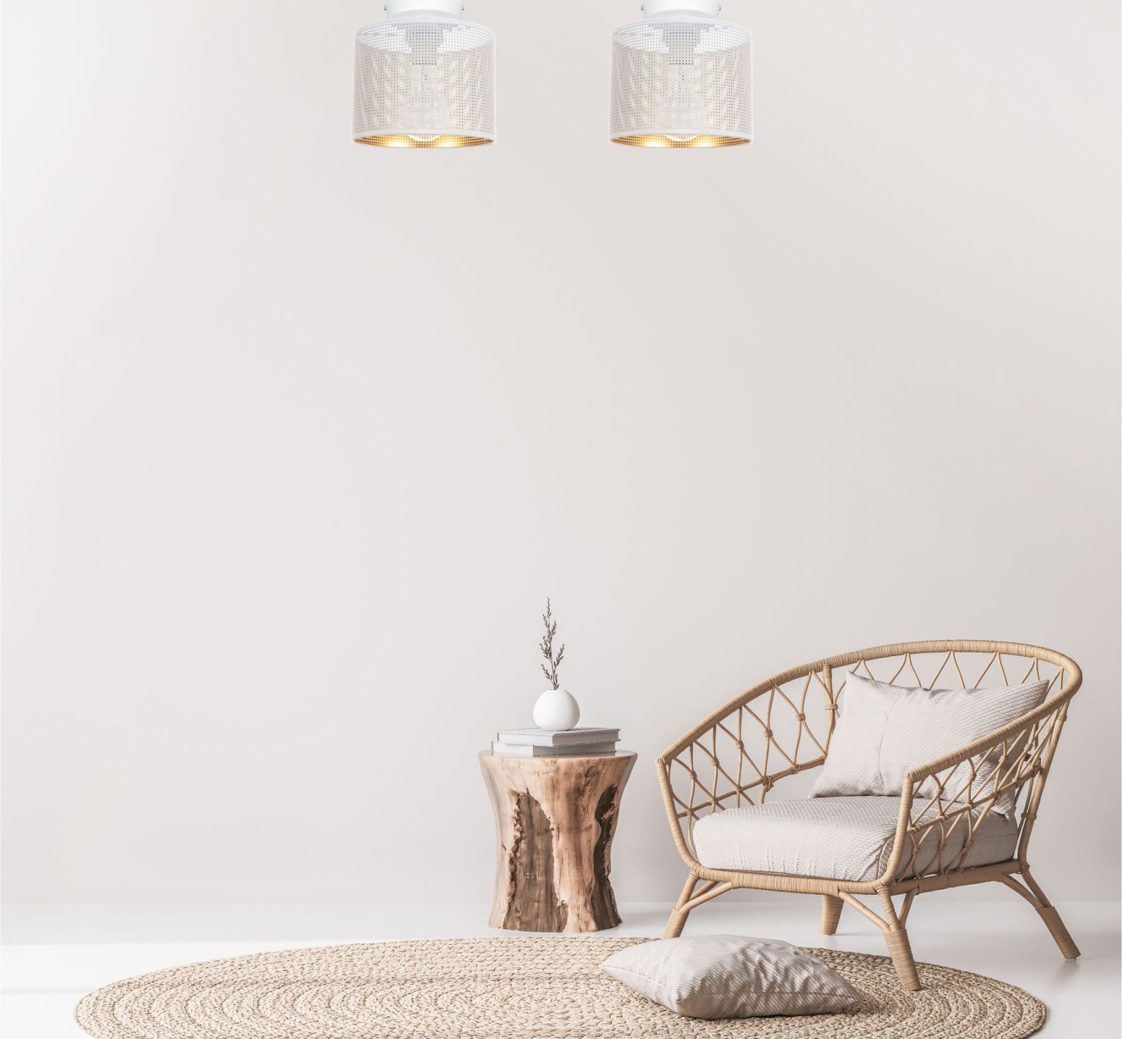 Runde Deckenlampe Metall E27 Ø20 cm in Weiß Gold Sessel aus Rattan, Rattan-Sessel, Wohnzimmerstuhl, Beige-Dekor, Rundteppich