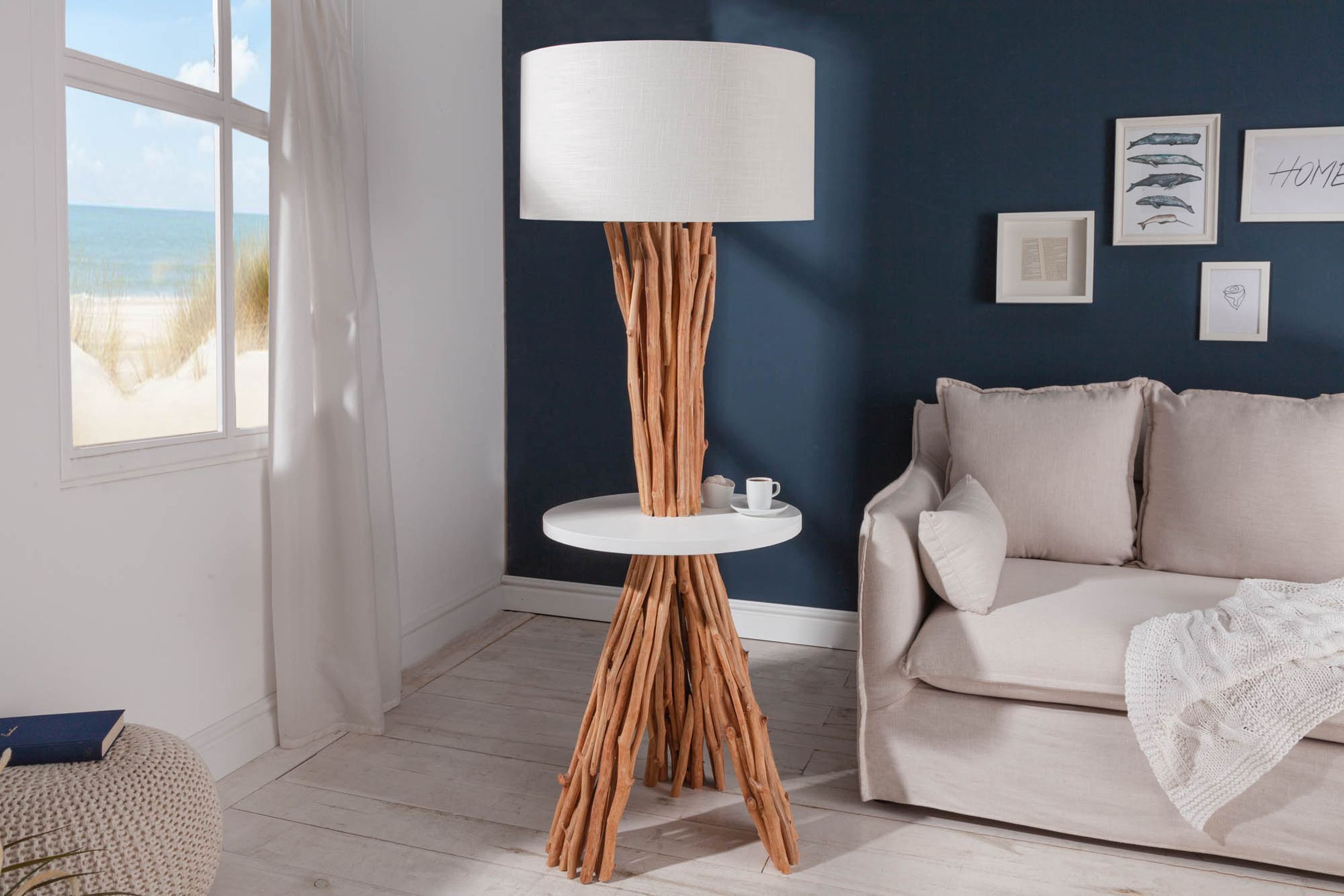 Lampadaire tripode bois lin tablette 153 cm faible éblouissement