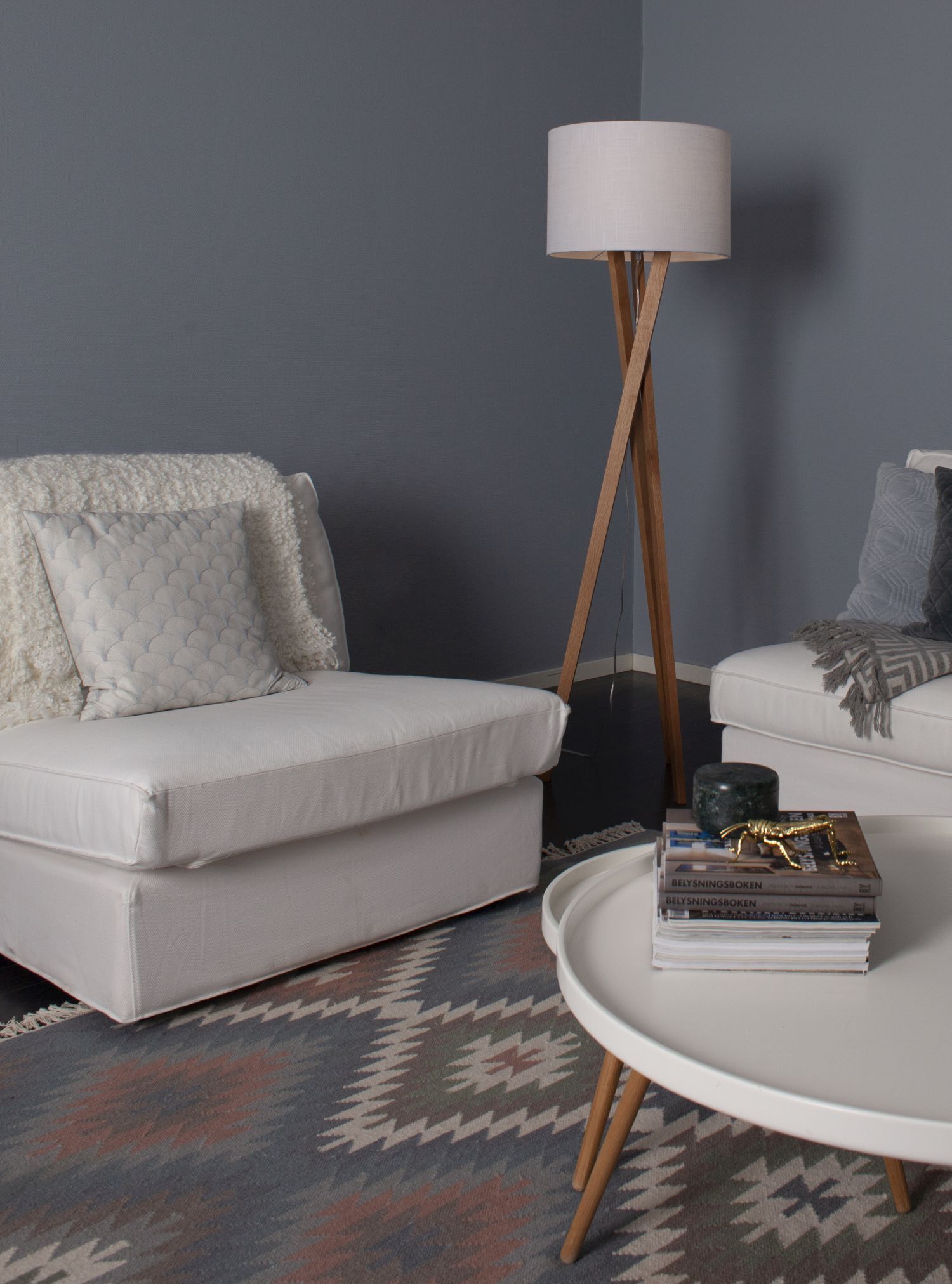 Stehlampe Holz Stoff E27 160 cm Dreibein Eiche Weiß Sofa, Wohnzimmer, Stehlampe, Teppich, Holz