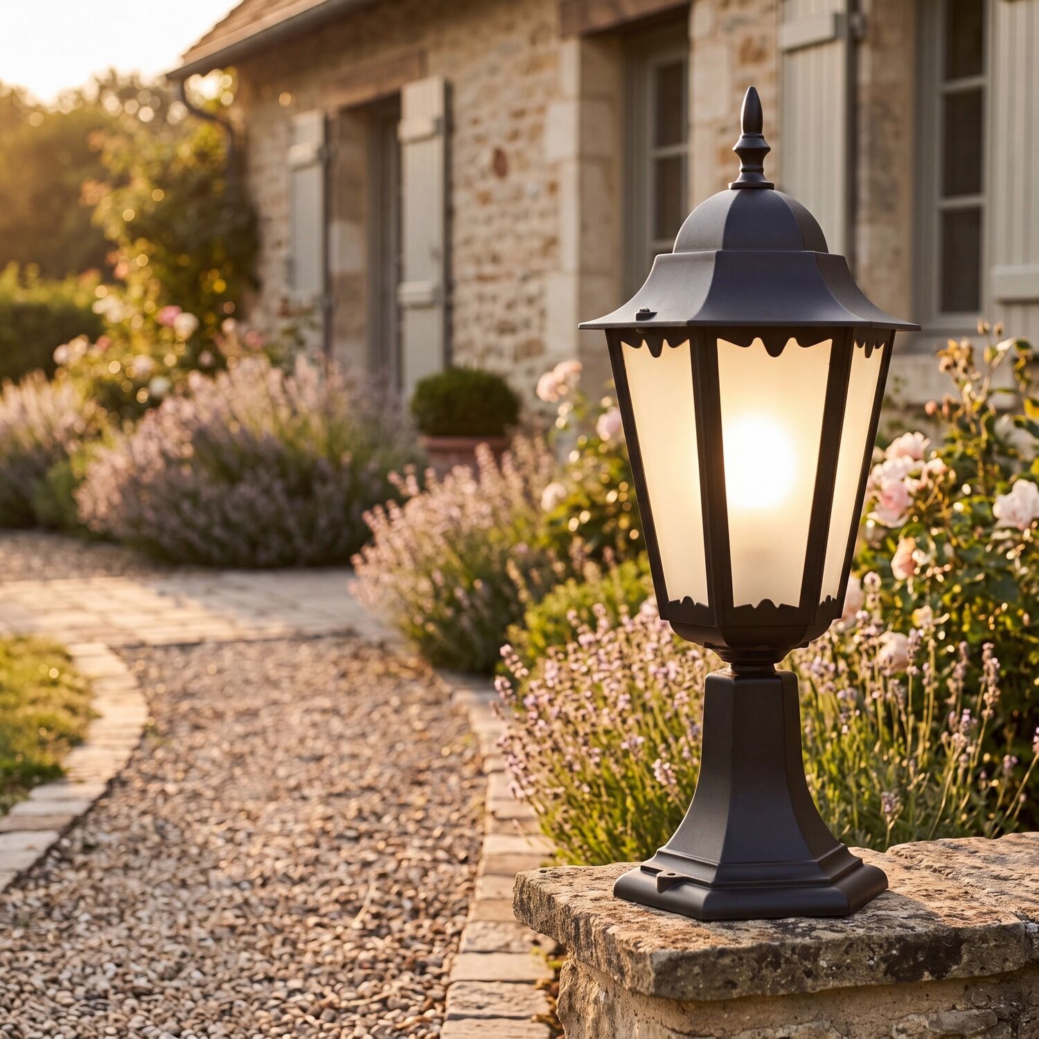 le51580-stehlampe-terrasse-garten-weg-aussen-metall-glas-klassisch-rustikal-e27-schwarz-03 laternen, gartenlampen, außenbeleuchtung, stahl, warmweiß