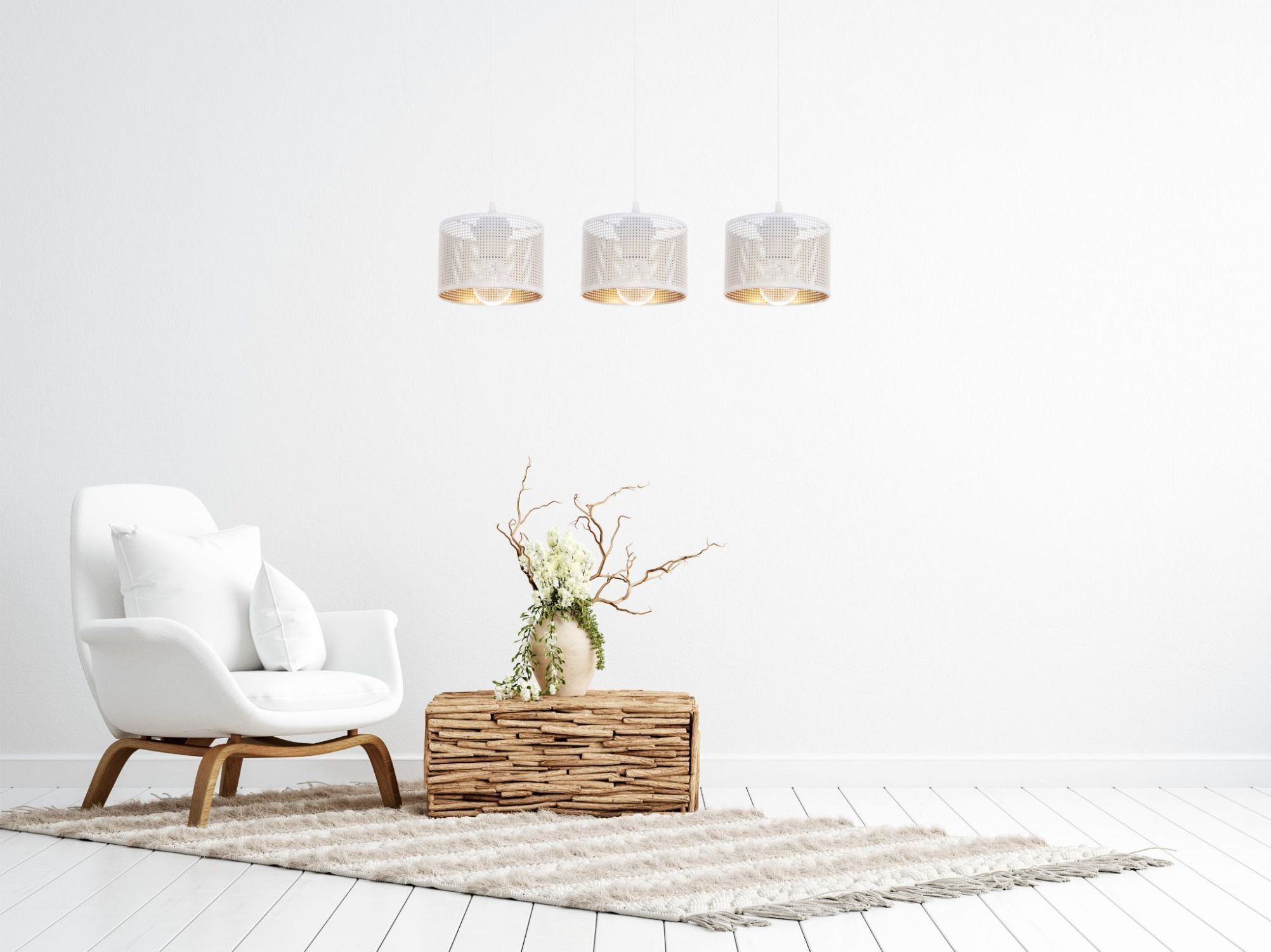 Hängelampe Metall Weiß Gold E27 3-flammig 65 cm lang Gruppe, Lampe, Wohnzimmer, Wohnraum, Deko