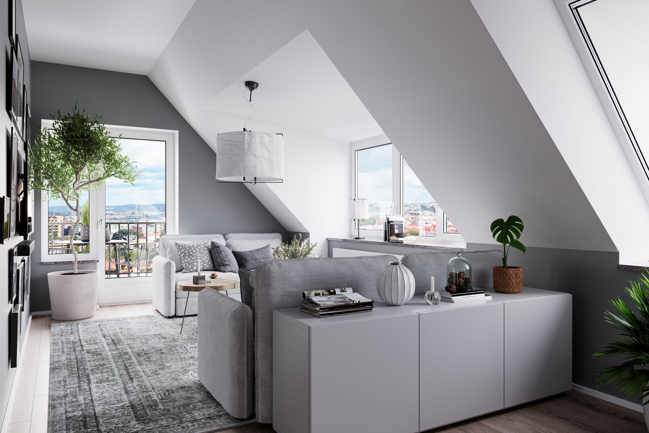 Wohnzimmer, Hohe Decken, Grau Weiß, Sofa, Pflanze