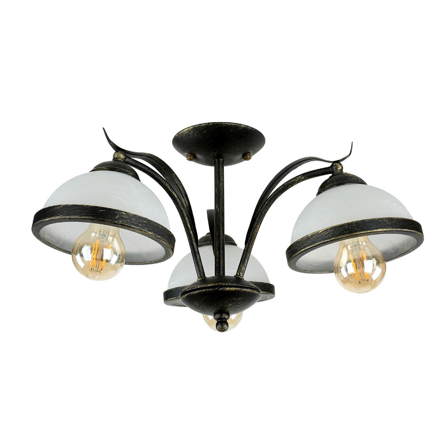 Deckenleuchte KORFU in Messing Antik 3-flmg Kronleuchter, Deckenlampe, Dreilicht, Schwarze Oberfläche, Glas-Schirme