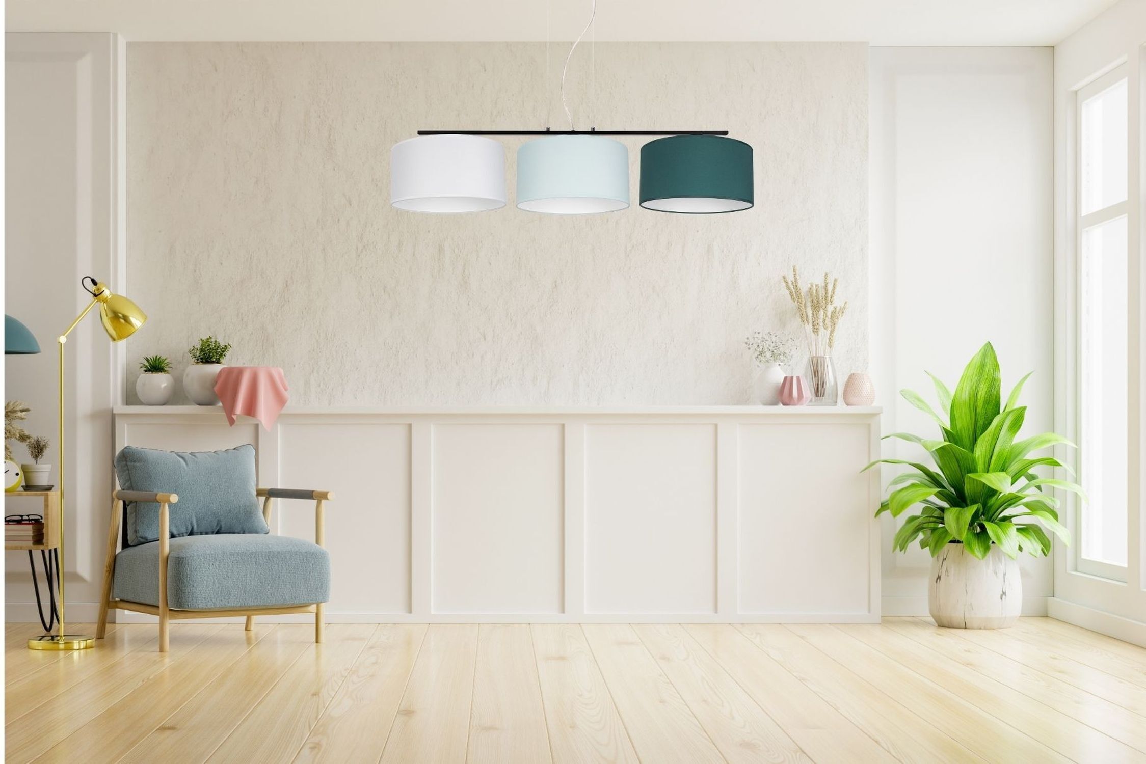 Wohnliche Pendelleuchte Stoff Weiß Mint Grün L:100 cm wohnzimmer, pendelleuchte, pastellfarben, pflanzen, stuhl