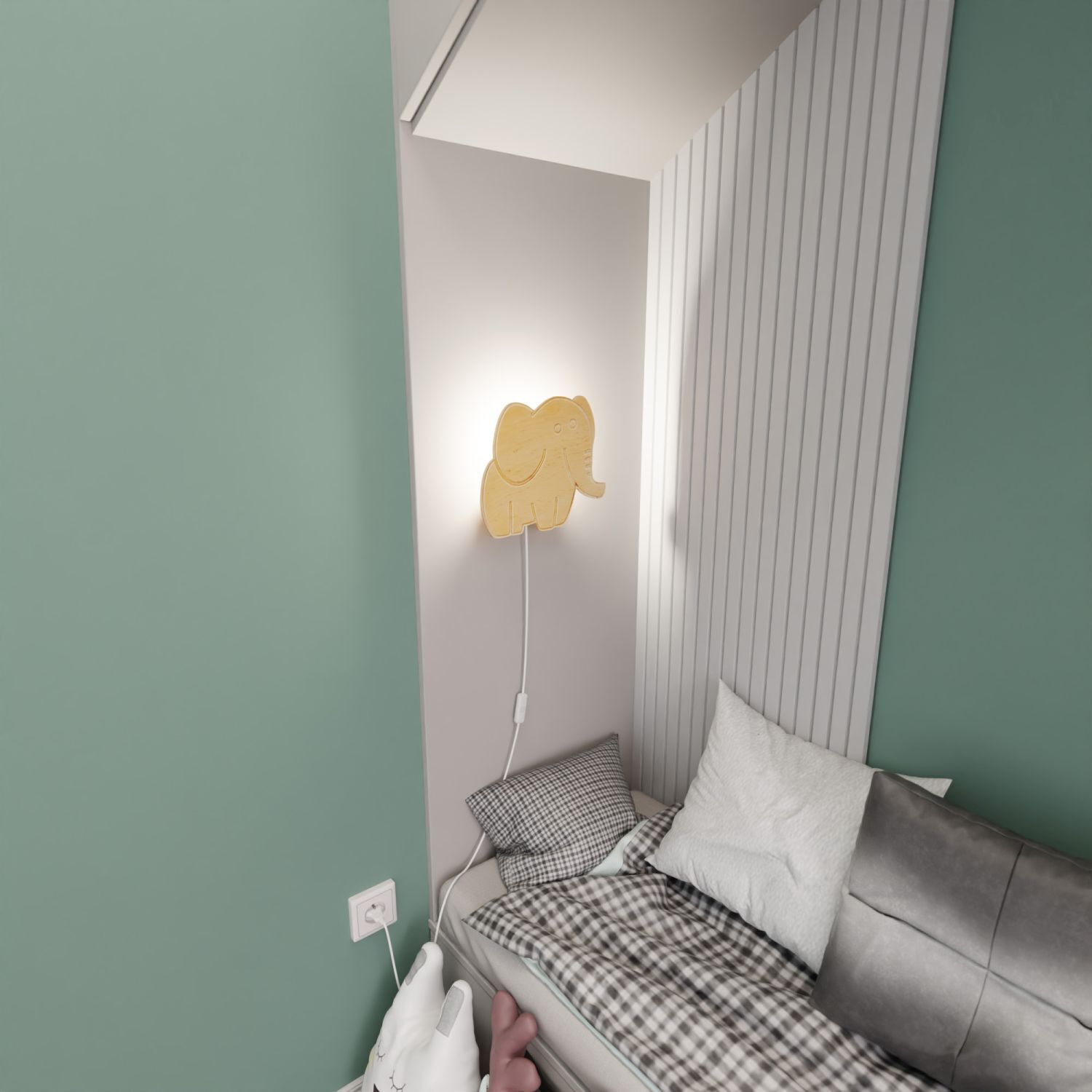 Lampe murale chambre d'enfant bois avec prise interrupteur éléphant E14