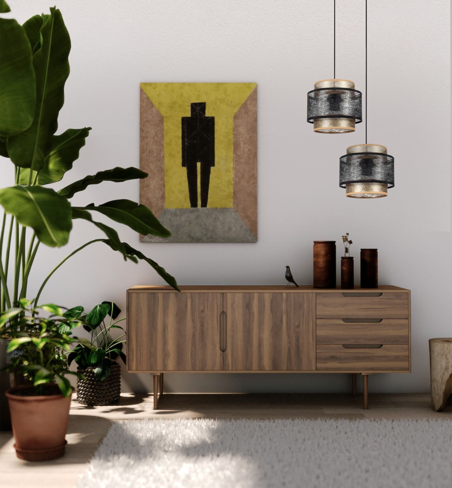 Sideboard, Holzschrank, Mid-Century, Pflanzen-Dekor, Kunstprint