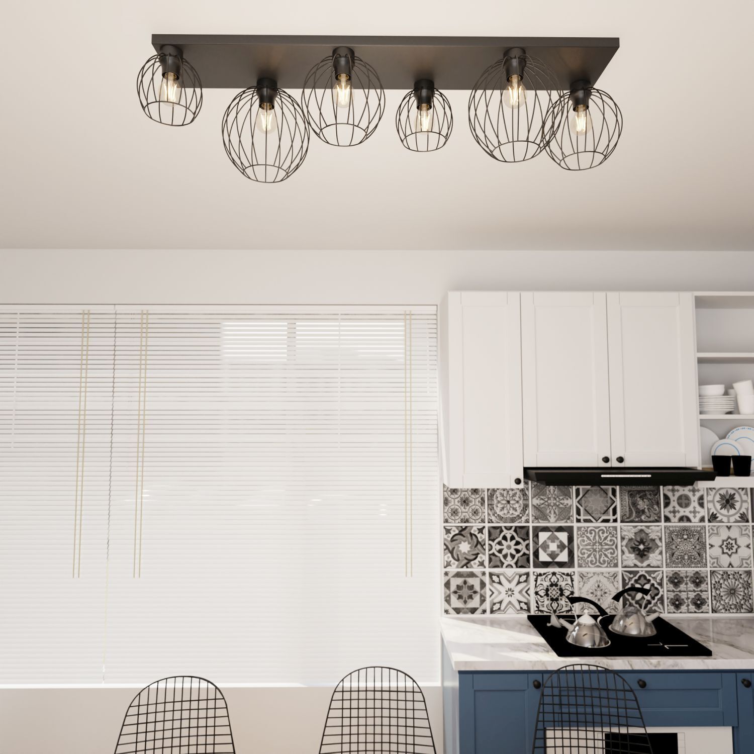 Plafonnier noir fil E27 6 flammes 115 cm Rétro