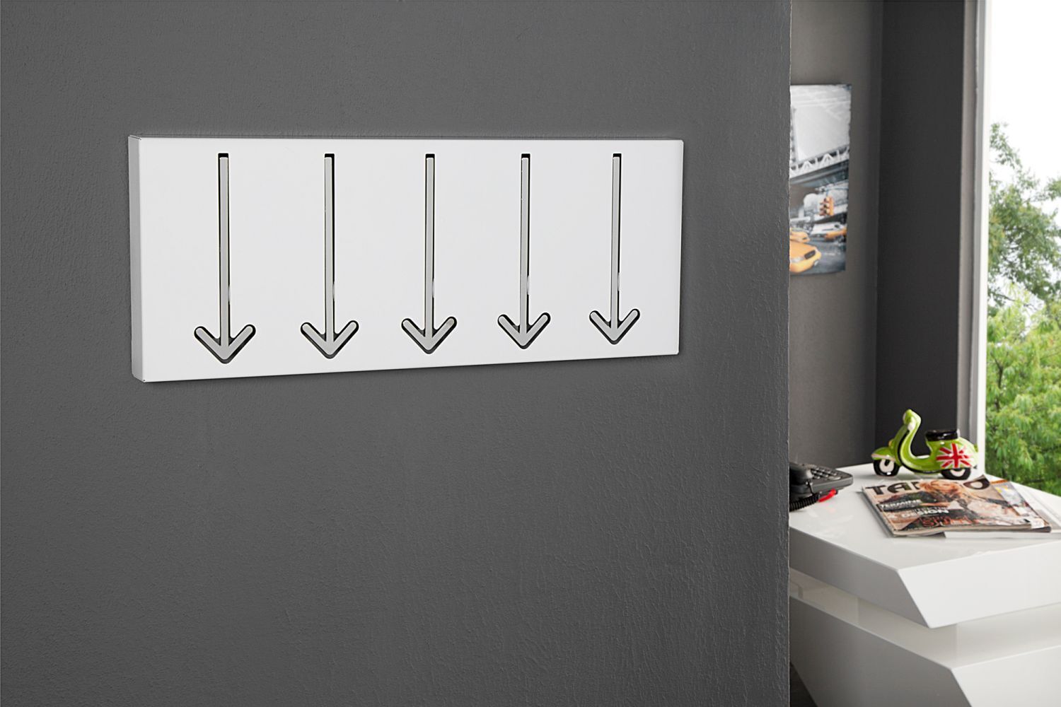 Wandgarderobe Metall 45 cm in Weiß mit 5 Haken Drinnen, Innenarchitektur