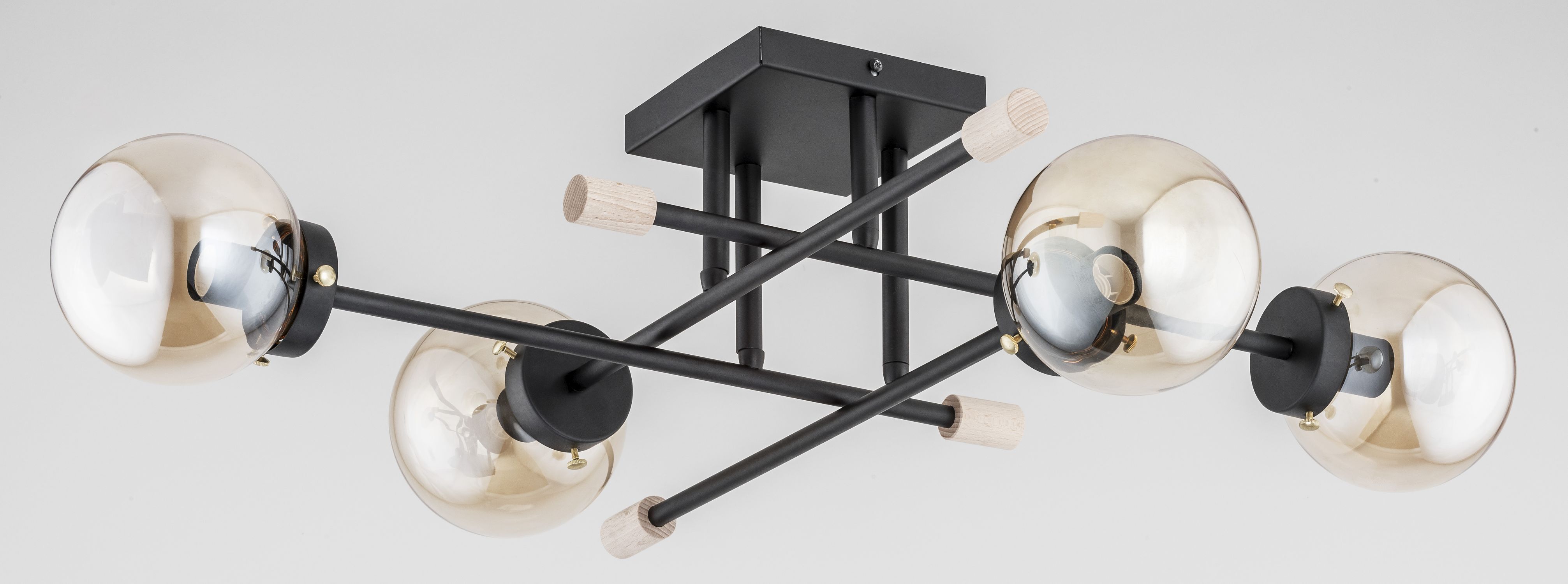 Deckenlampe Metall Rauchglas Schwarz Beige Holz E14 Leuchter, Lampe, Beleuchtung, Leuchte