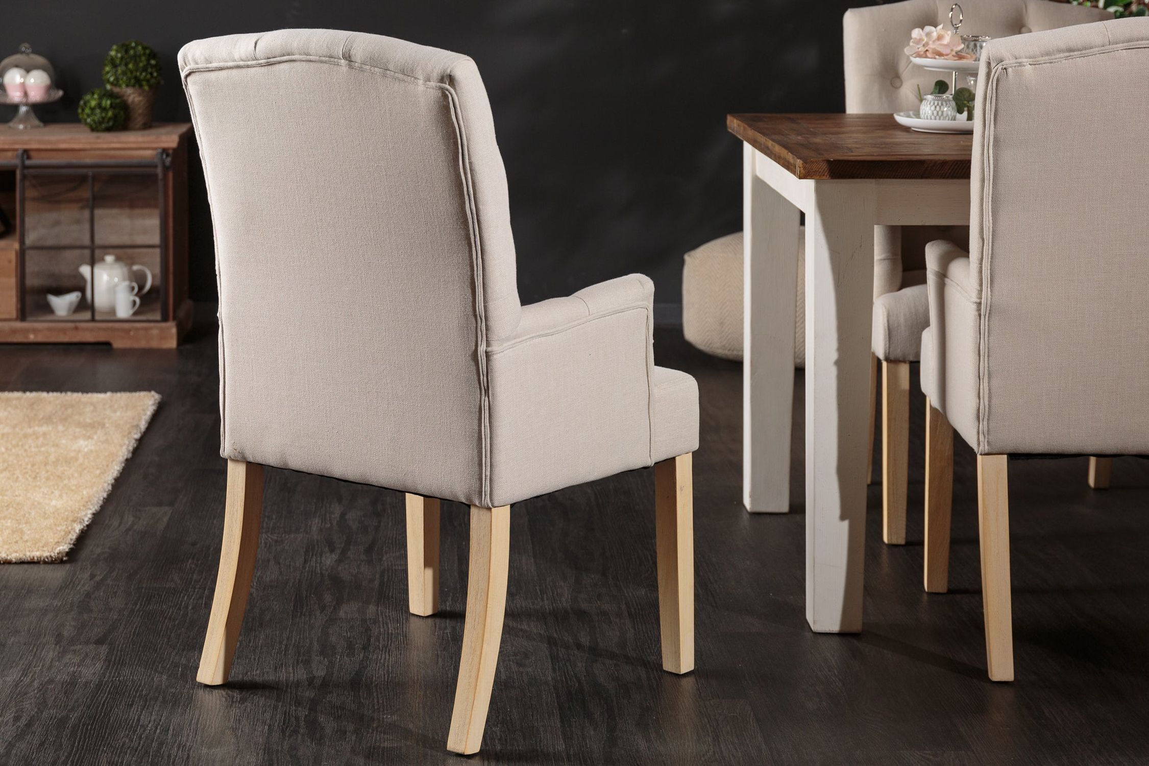 Chaise de salle à manger Beige Tissu Bois Chesterfield avec accoudoirs Moebel, Stuhl, Drinnen, Innenarchitektur