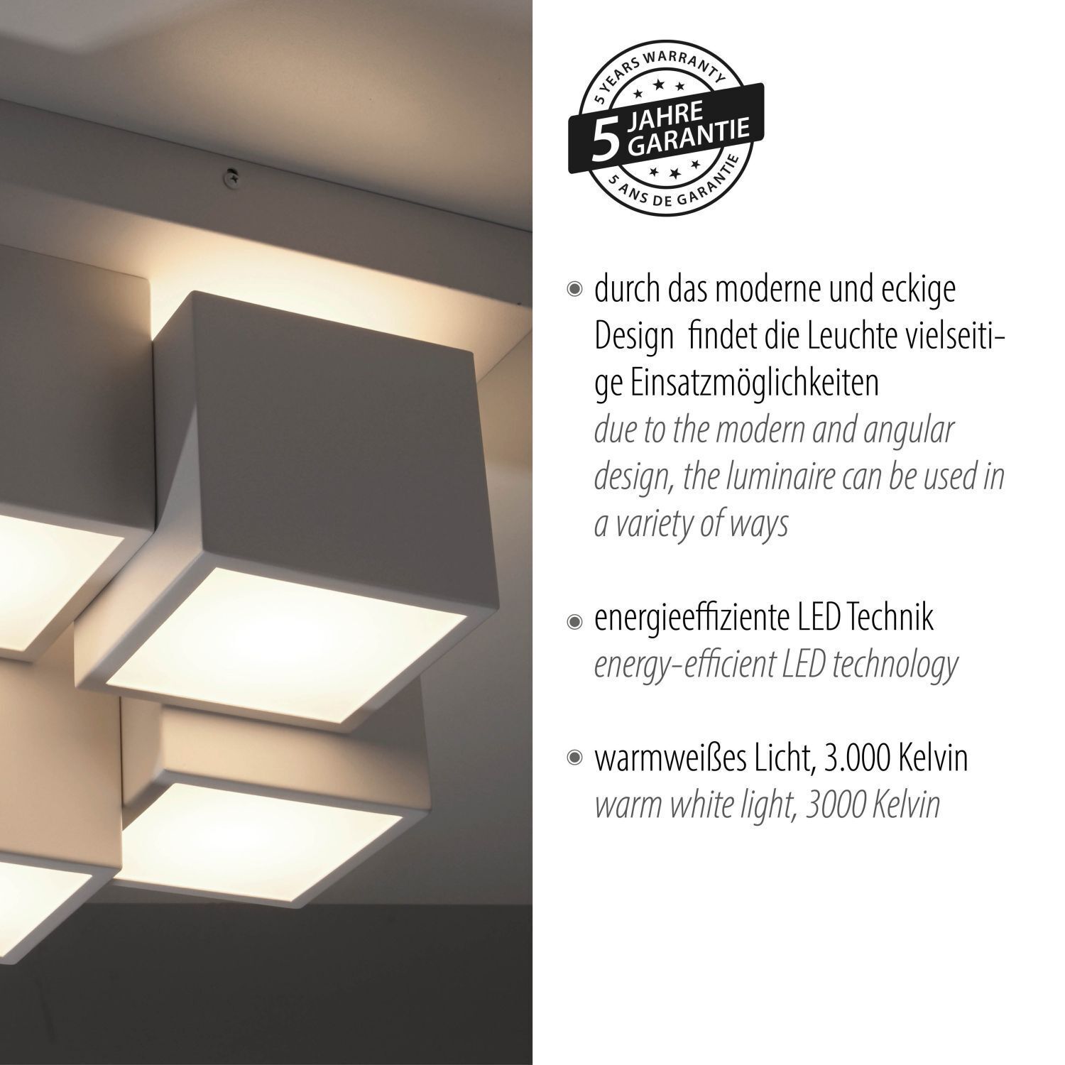 Plafonnier LED Métal Cube L:30 cm 2400 lm 3000 K Deckenleuchte, Leuchte