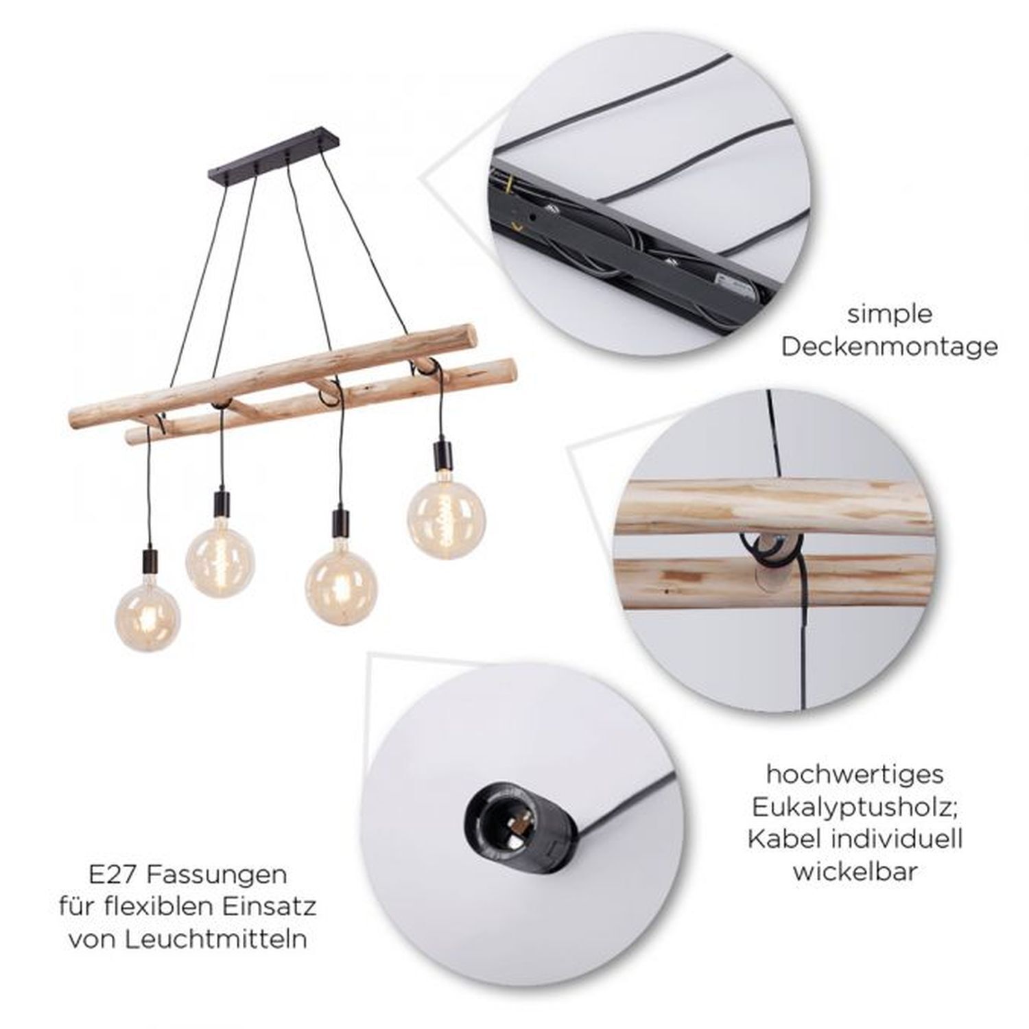 Hängelampe Skandinavisch Holz 110 cm lang E27 natürlich Hängelampe Skandinavisch Holz 110 cm lang E27 natürlich