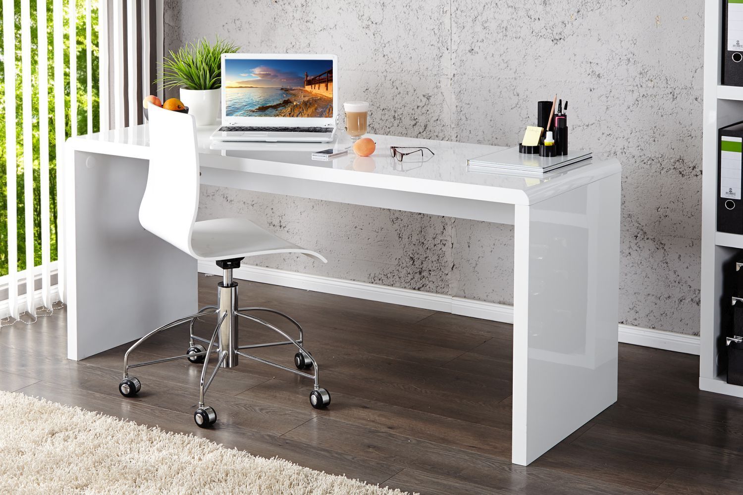 Schreibtisch MDF lackiert 20 cm in Weiß Hochglanz Moebel, Tabelle, Schreibtisch, Drinnen, Laptop