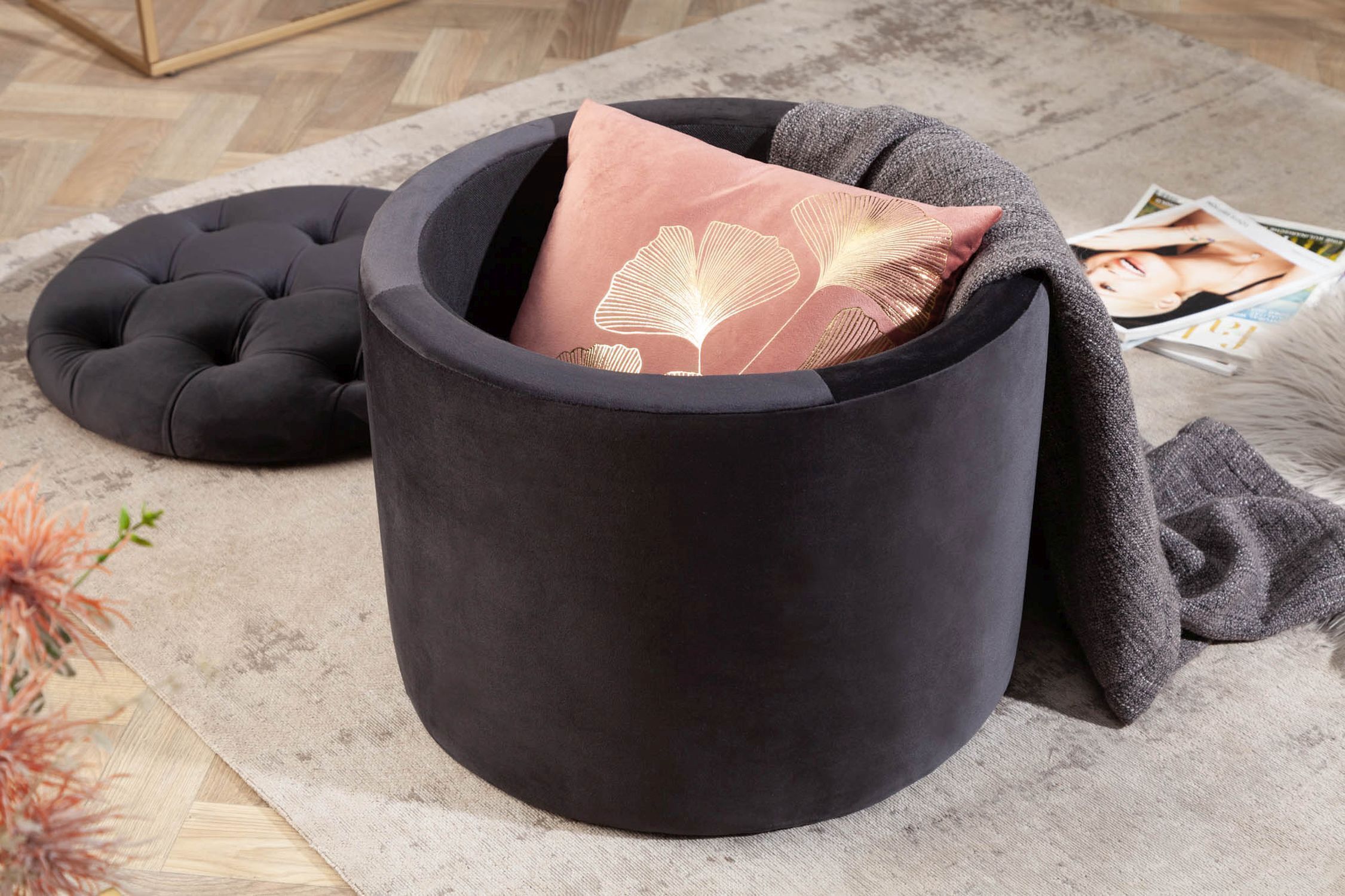 Pouf avec espace de rangement Noir velours métal Ø 50 cm Chesterfield