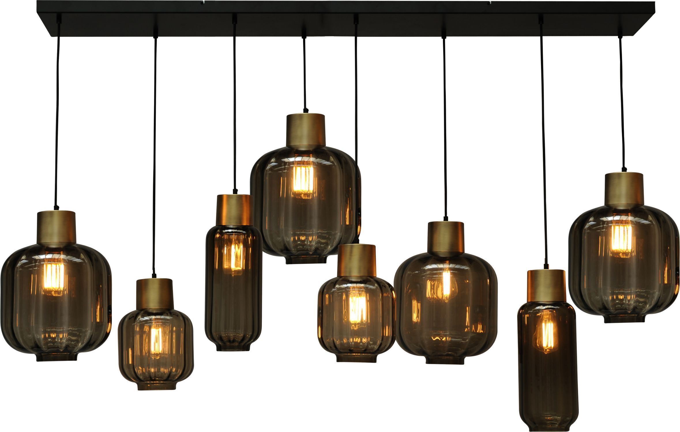 Grande lampe à suspendre 8 flammes noir or E27 métal verre