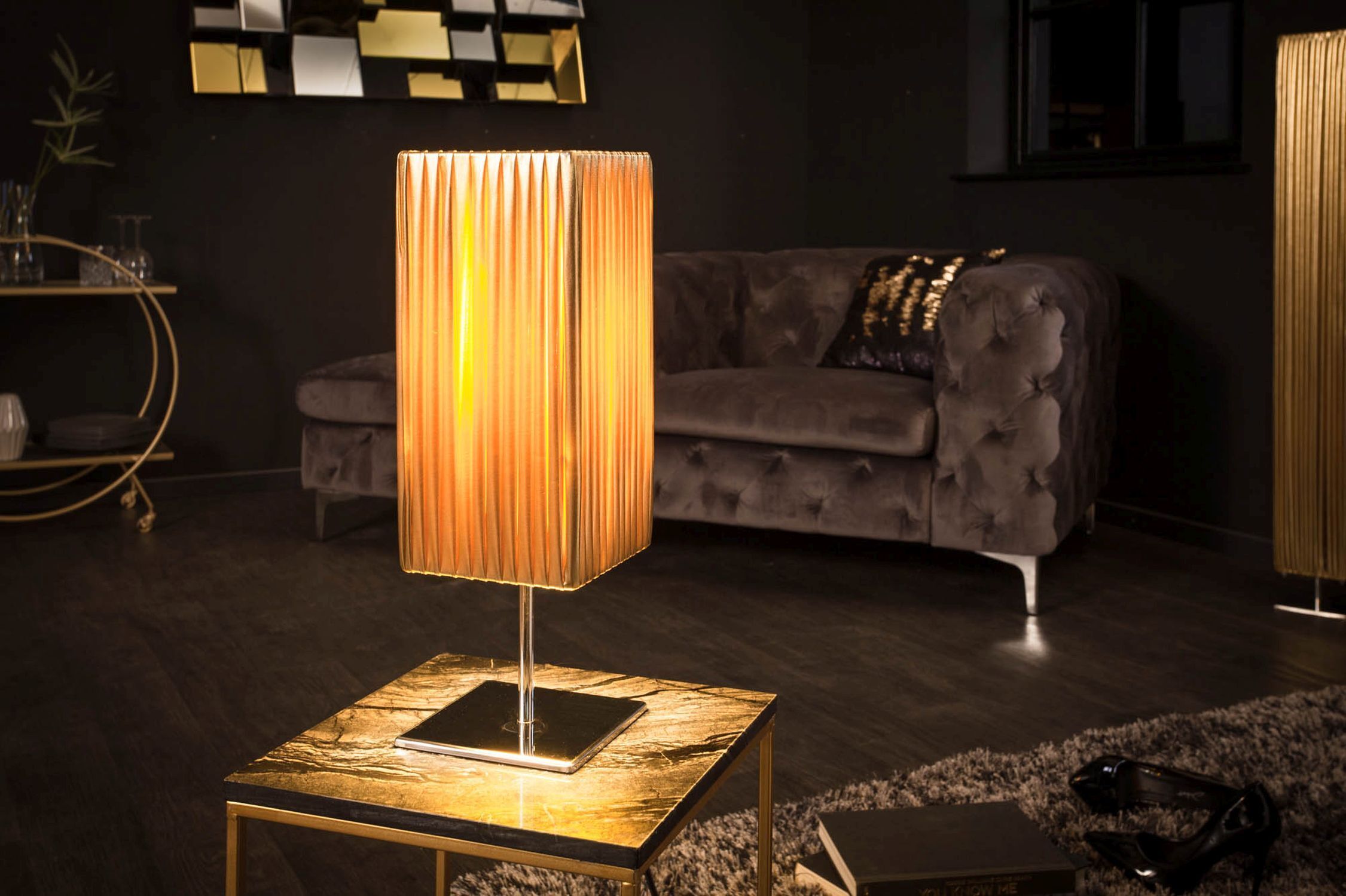 Lampe de table tissu métal H:44 cm E27 en noir or