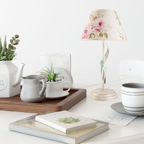 Lampe de table métal shabby blanc tissu rond maison de campagne