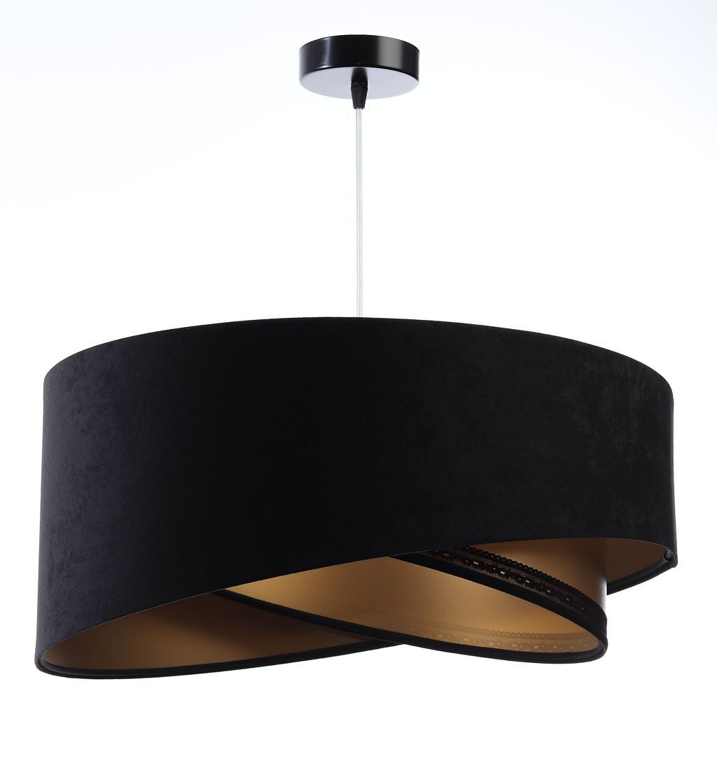 Lampe à suspendre E27 ronde Ø 50 cm Noir Or Tissu Dentelle Moderne