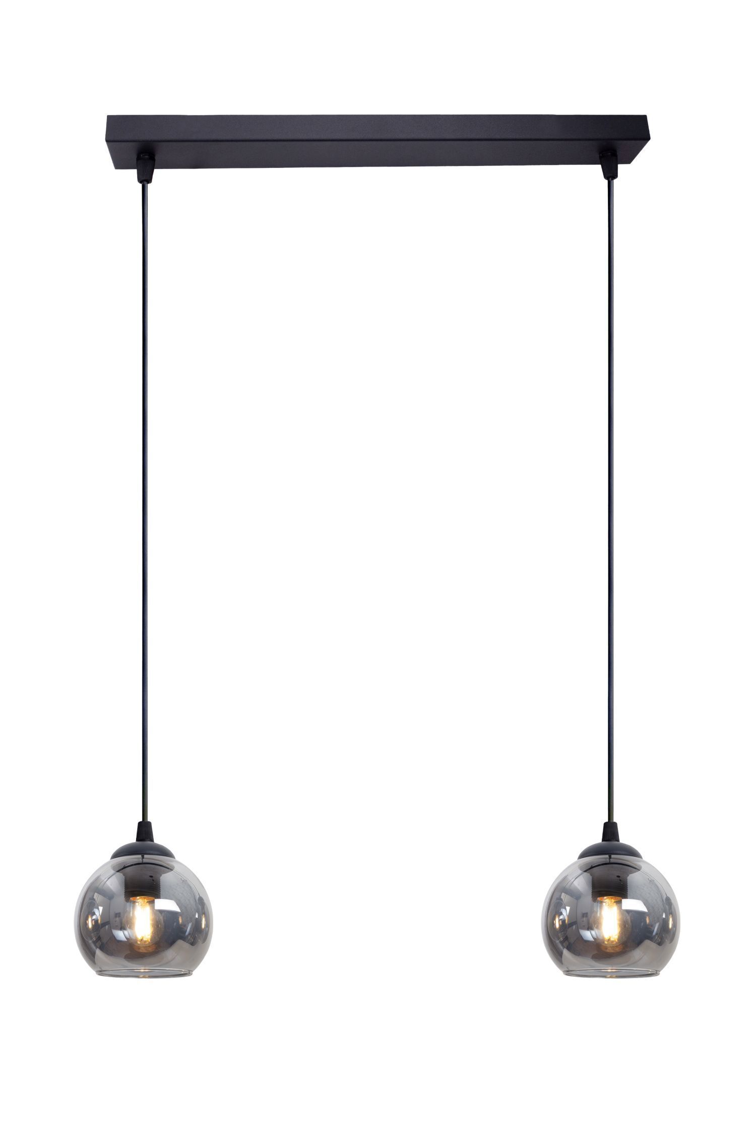 Hängelampe blendarm Metall Rauchglas E27 L:42 cm 2-flmg hängelampe, zweiflammig, glaskugel, dimmbares licht, metallisch