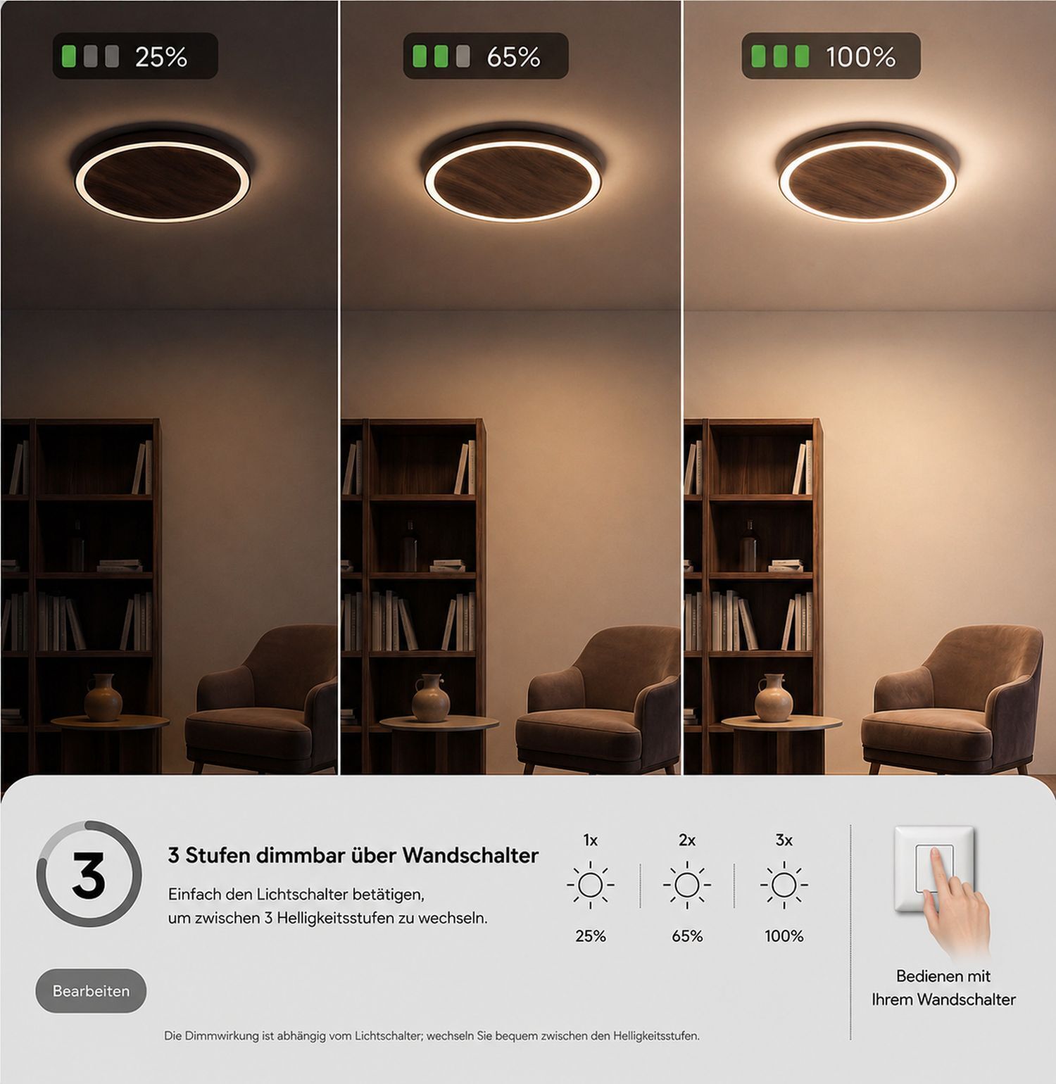 Applique LED Bois Noir ronde Ø50 cm 3500 K dimmable deckenlampe, runder lichtring, wandlampe, holzregal, wohnzimmer
