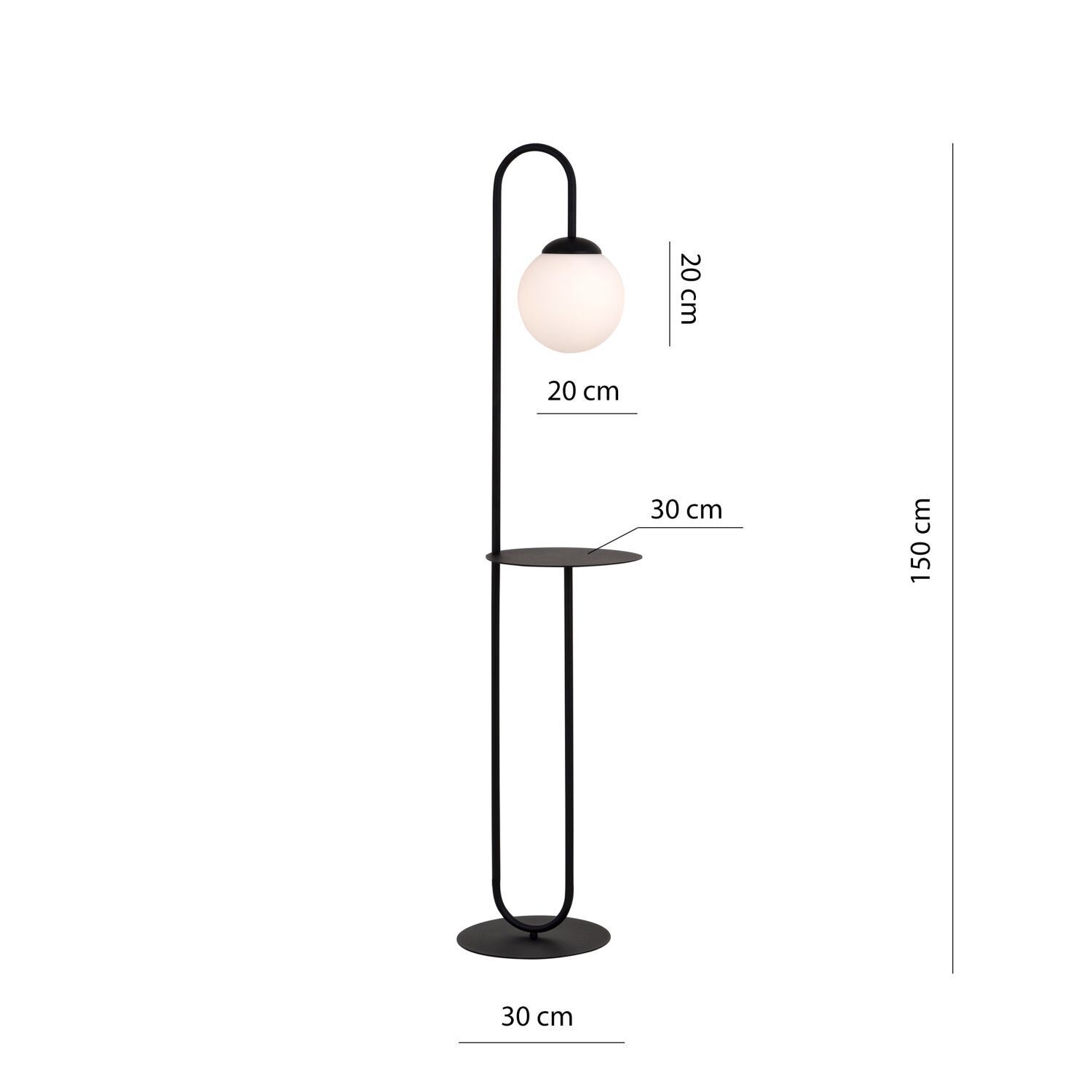 Lampadaire 150 cm avec tablette E14 Noir Blanc Abat-jour sphérique