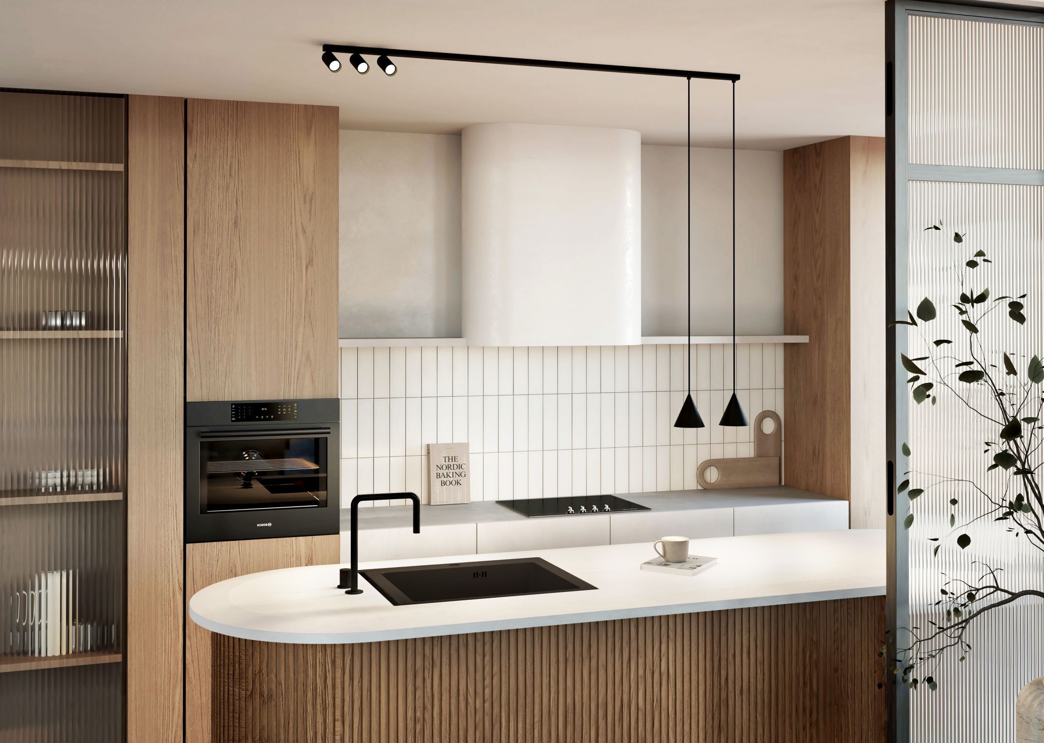 Küche, Insel, Herd, Ofen, Holzoptik