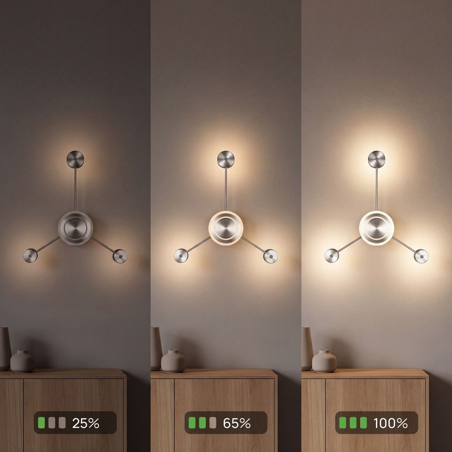 Applique LED aluminium dimmable H:53 cm 3000 K argent Wand-Lampe, Wandbeleuchtung, Wand- Lampe, drei-armig, Metalllampe