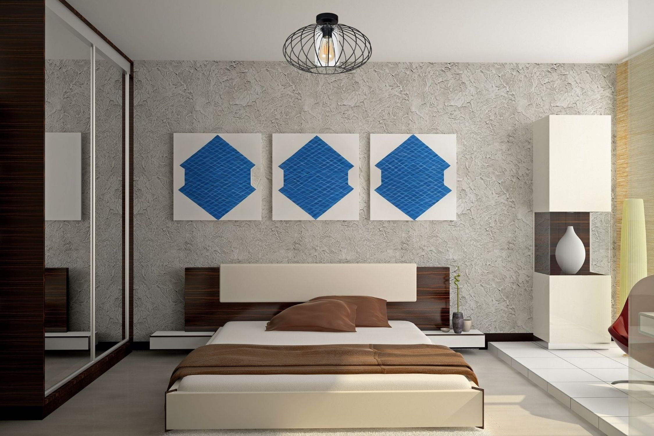 Deckenlampe Metall E27 rund Ø34 cm Schwarz Retro Design bett, schlafzimmer, dreierrahmen kunst, blaue geometrie, braune bettwäsche