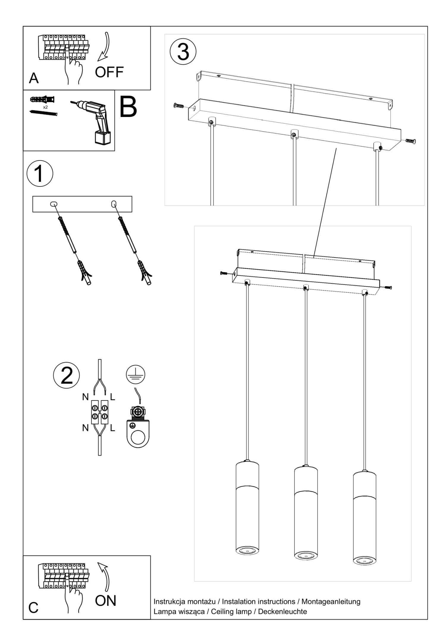 Lampe à suspendre grise 3-flamme béton bois réglable GU10