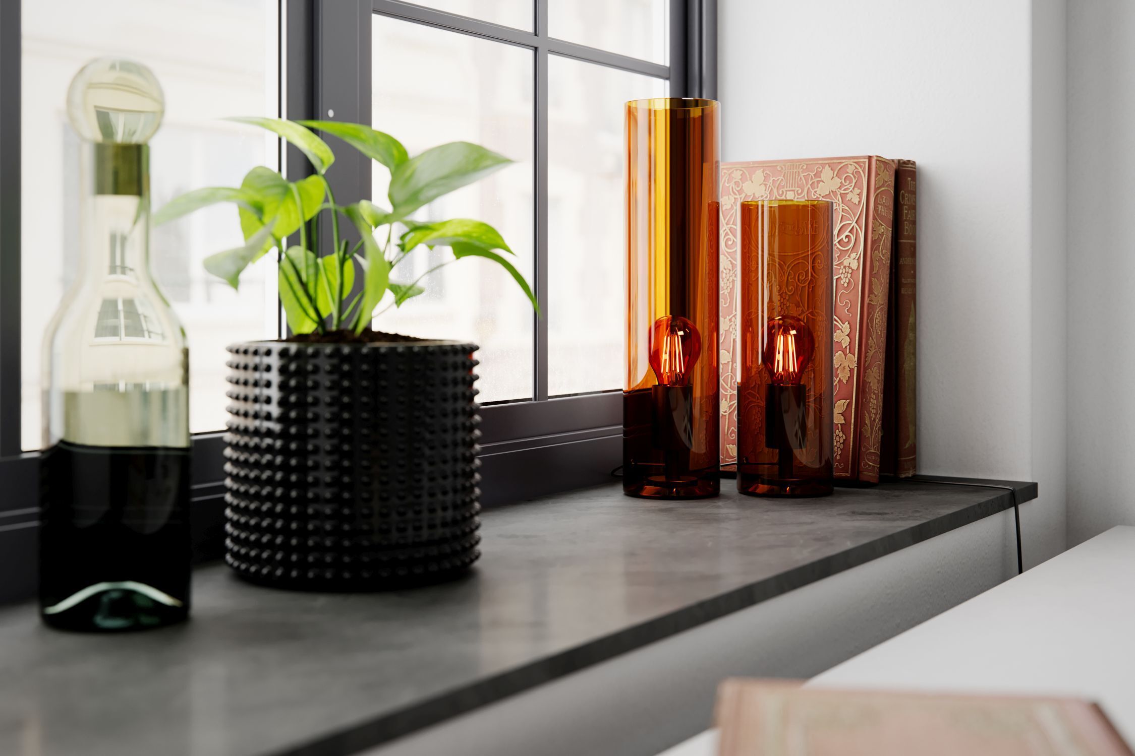 Lampe d'appoint verre fumé métal E27 hauteur 30 cm en cognac Pflanze, Fenster, Fensterbank, Kosmetik, Parfüm