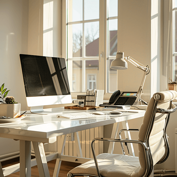 computer, desk, office, chair, lamp