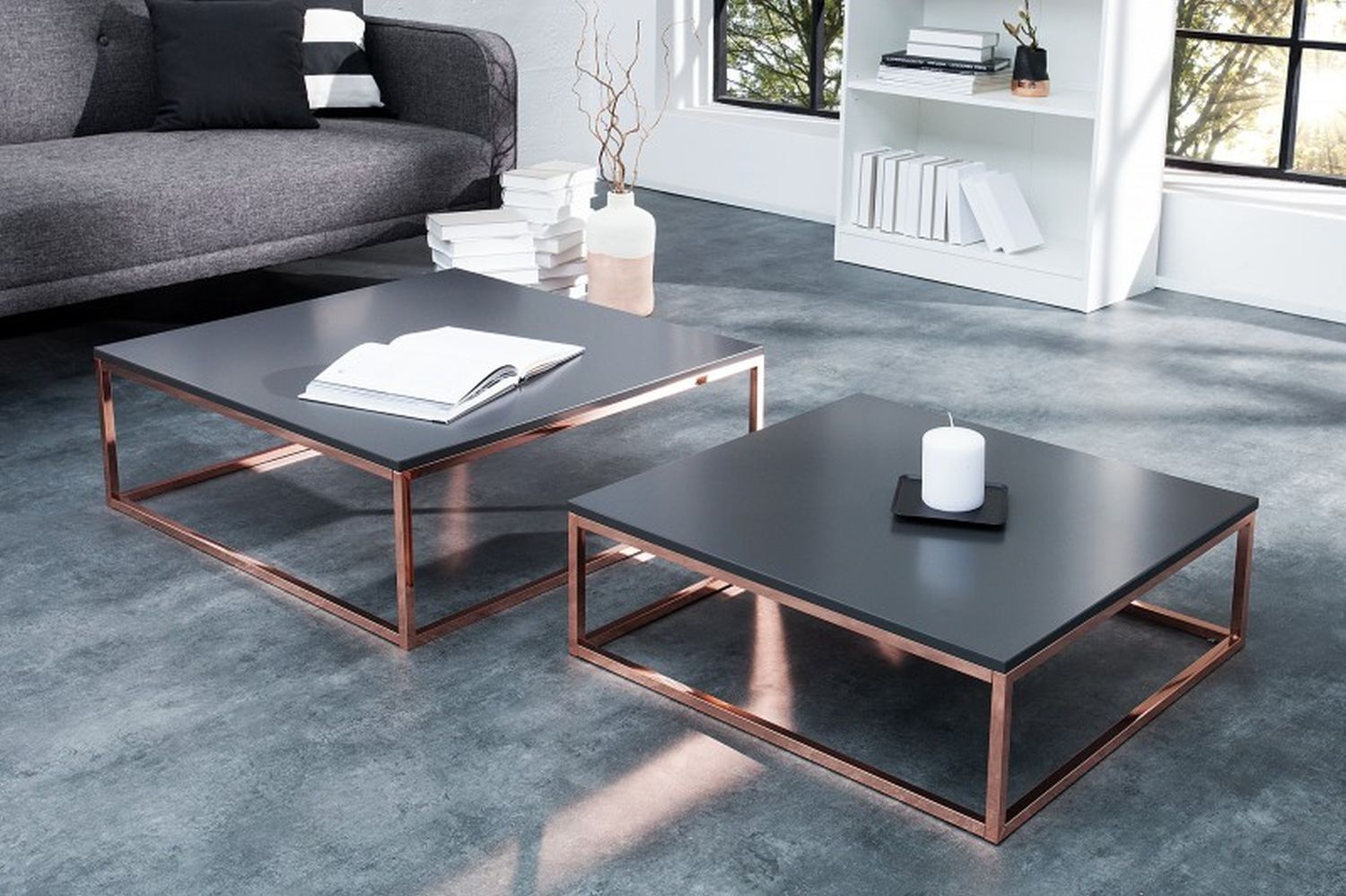 Table basse MDF métal set de 2 pièces en anthracite cuivre Kaffeetisch, Mobiliar, Tabelle, Tischplatte, Couch
