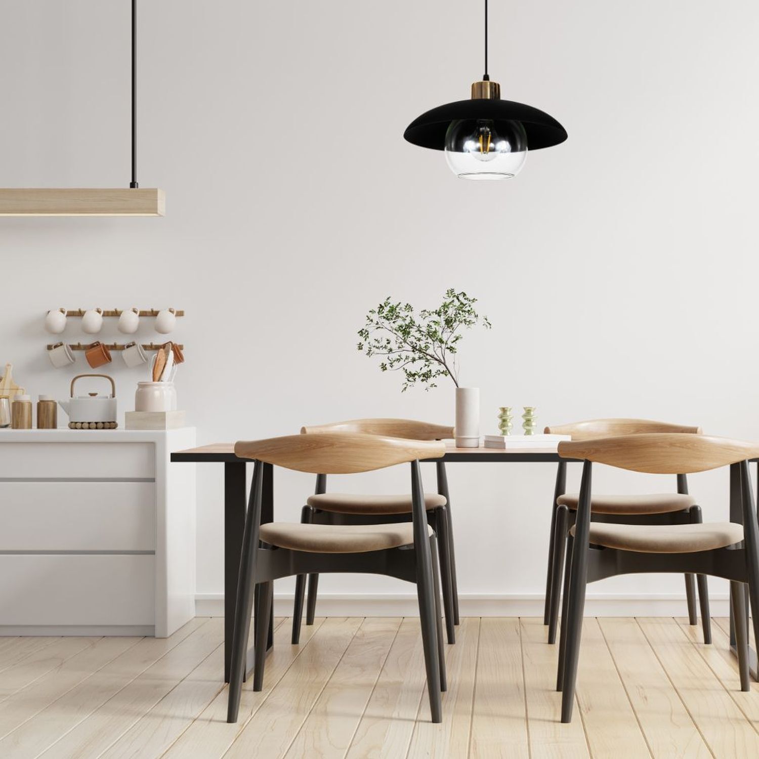 Hängelampe Glas Klar Metall Schwarz Ø30 cm blendarm Esstisch, Holztisch, Stühle aus Holz, Holzstuhl, Hängelampe
