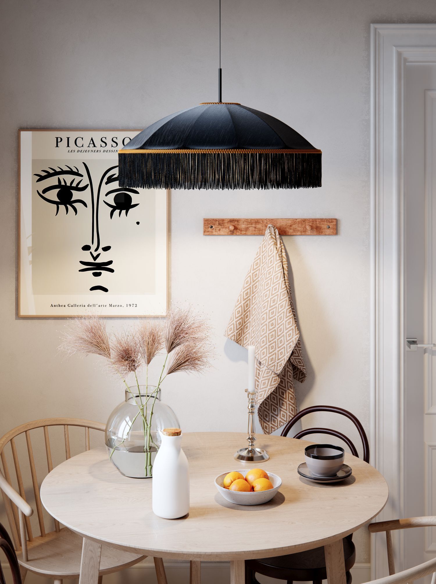 küchentisch, runder tisch, pendelleuchte, fransenlampe, dekoration wand/ wanddekoration