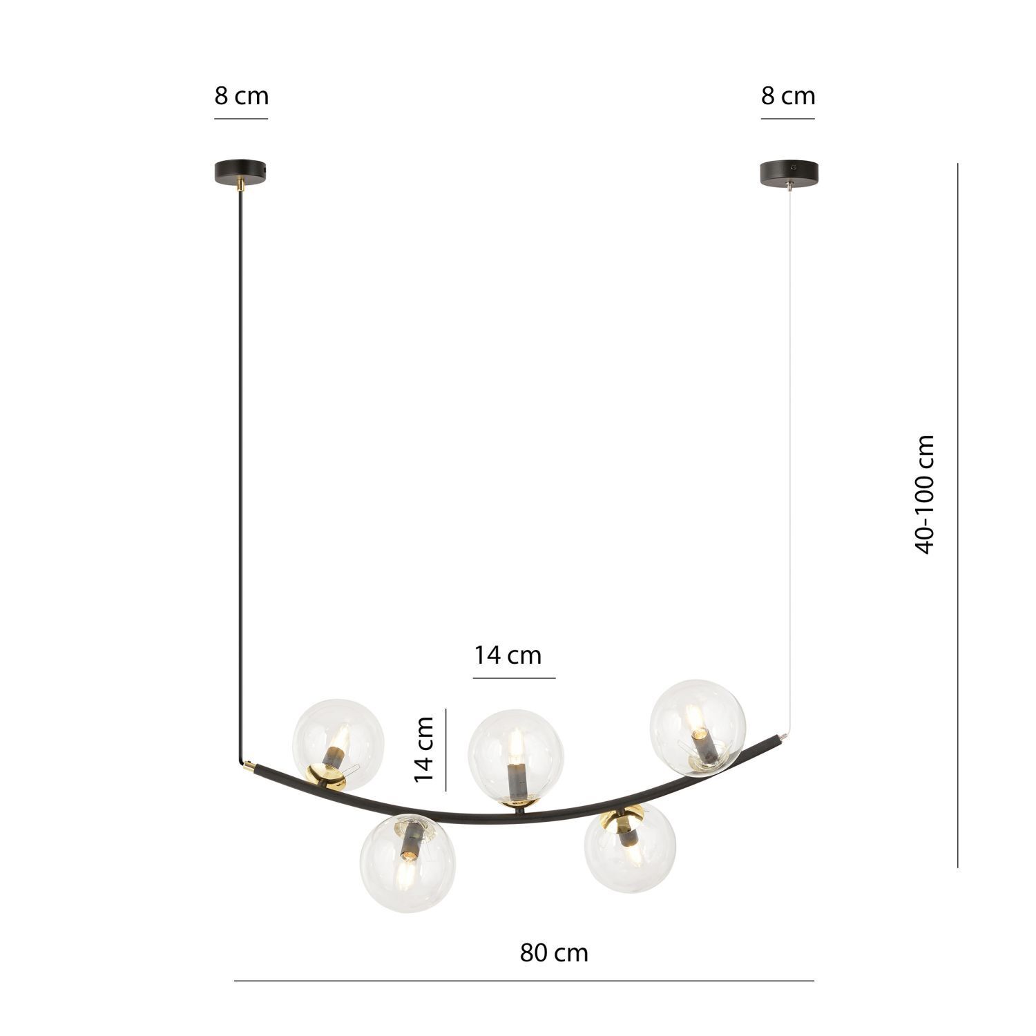Lampe à suspendre verre métal L : 80 cm en noir or E14 5 flammes